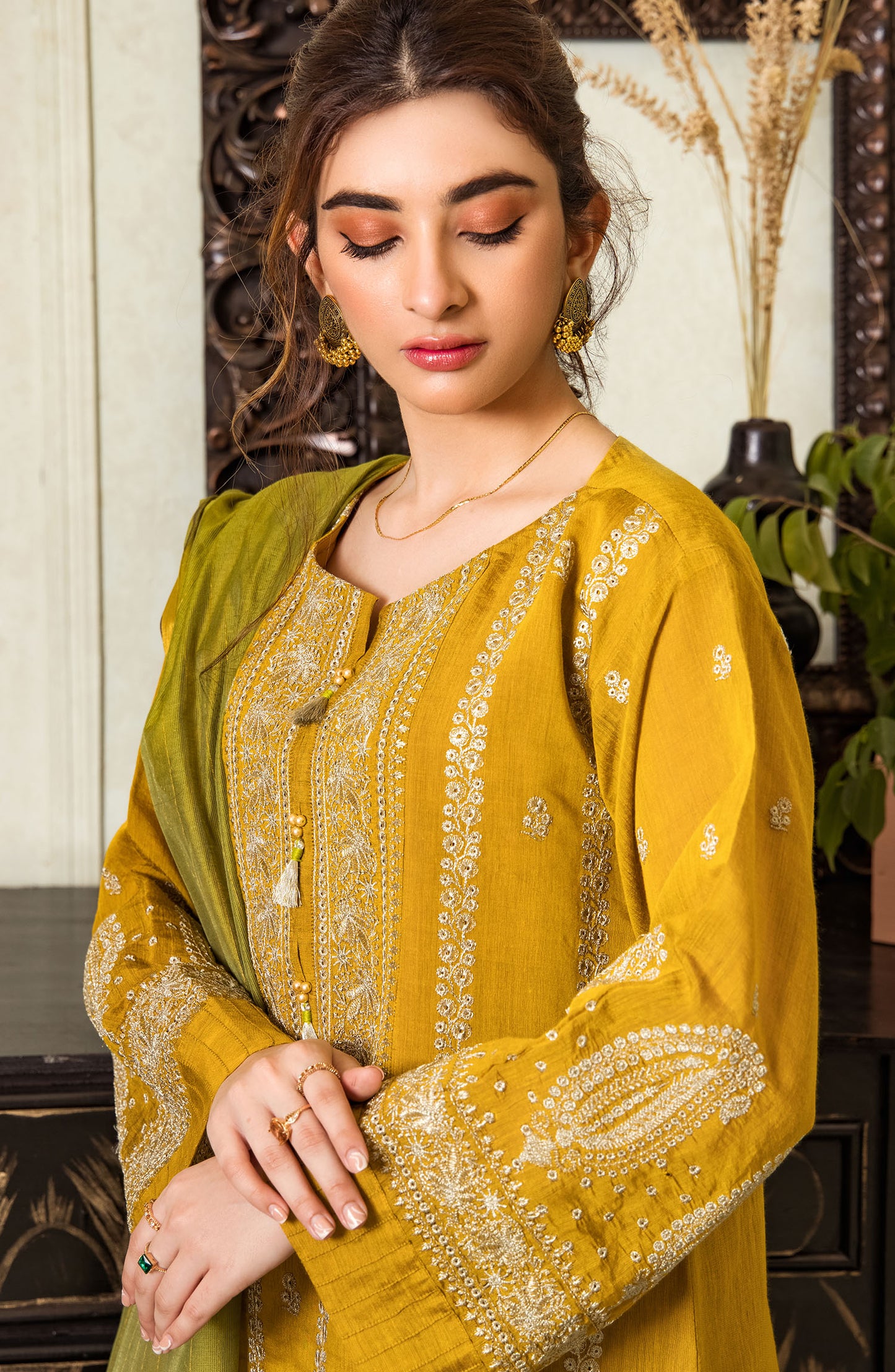 Stitched 3 Piece Embroidered Fancy Paper Cotton Shirt , Raw Silk Pant and Fancy Zari Yarn Dyed Dupatta