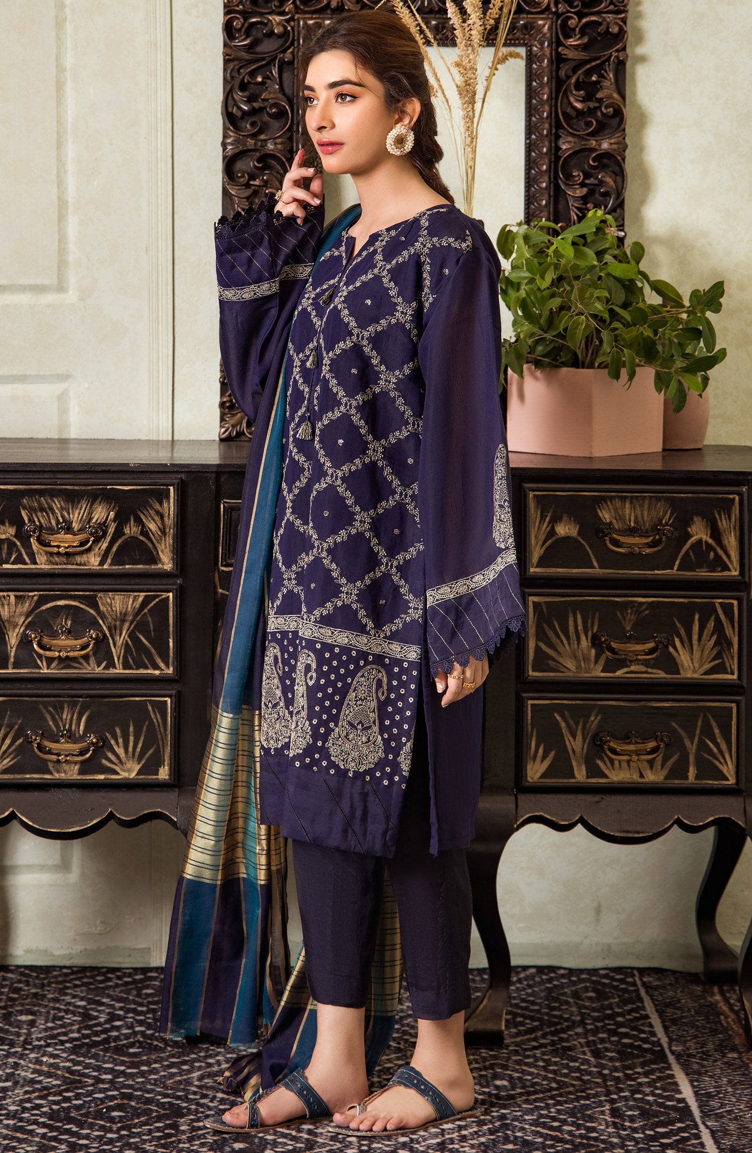 Stitched 3 Piece Embroidered Fancy Paper Cotton Shirt , Raw Silk Pant and Fancy Zari Yarn Dyed Dupatta