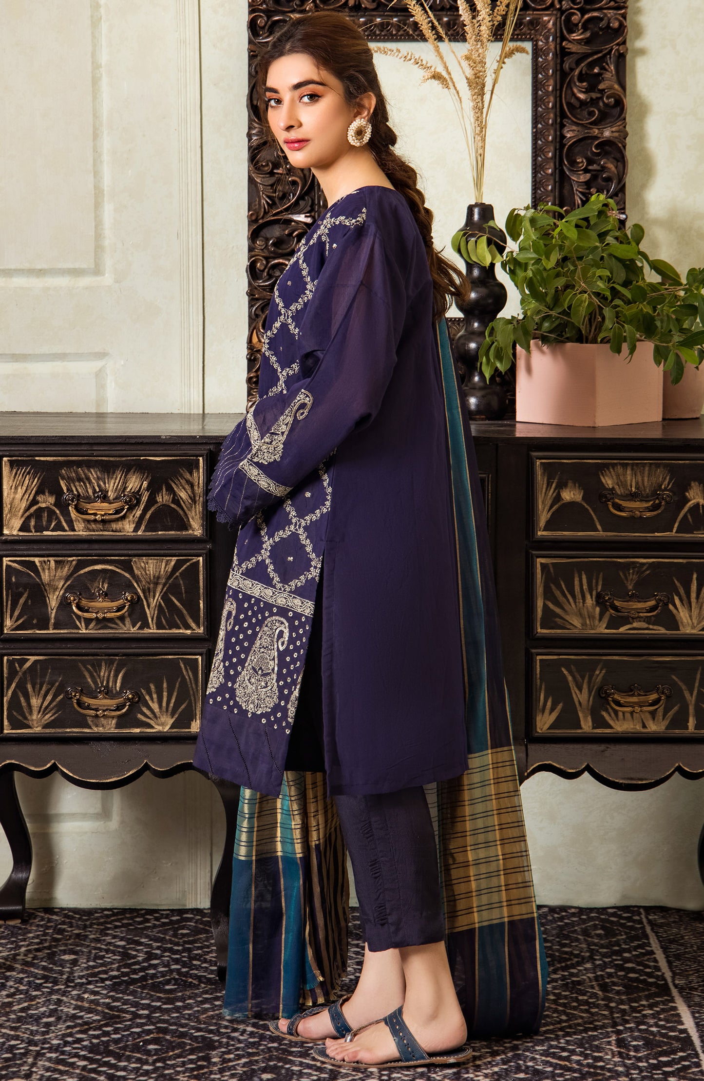 Stitched 3 Piece Embroidered Fancy Paper Cotton Shirt , Raw Silk Pant and Fancy Zari Yarn Dyed Dupatta