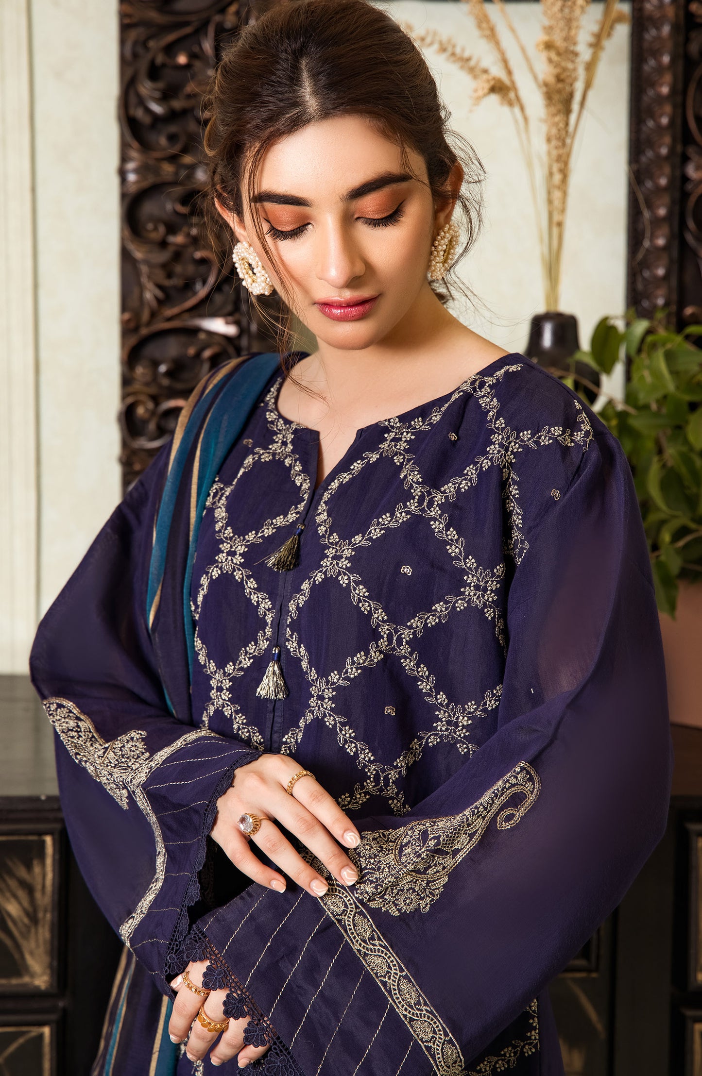 Stitched 3 Piece Embroidered Fancy Paper Cotton Shirt , Raw Silk Pant and Fancy Zari Yarn Dyed Dupatta