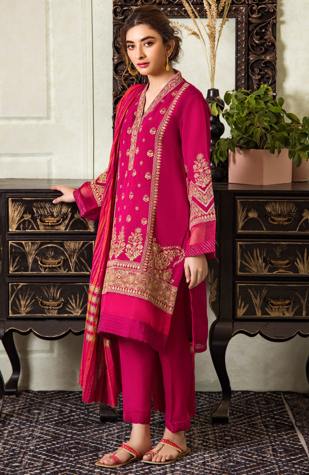 Stitched 3 Piece Embroidered Fancy Paper Cotton Shirt , Raw Silk Pant and Fancy Zari Yarn Dyed Dupatta