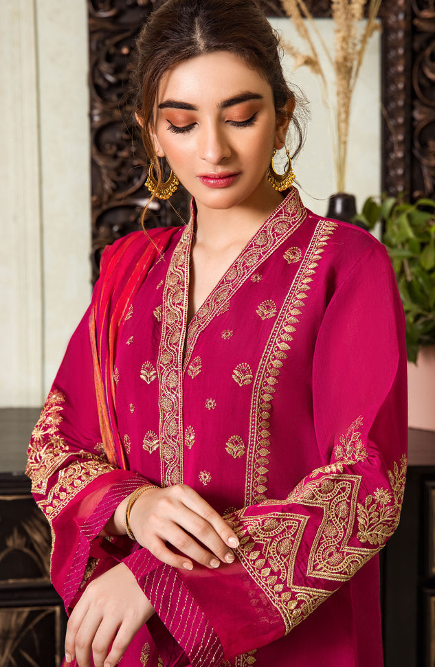 Stitched 3 Piece Embroidered Fancy Paper Cotton Shirt , Raw Silk Pant and Fancy Zari Yarn Dyed Dupatta