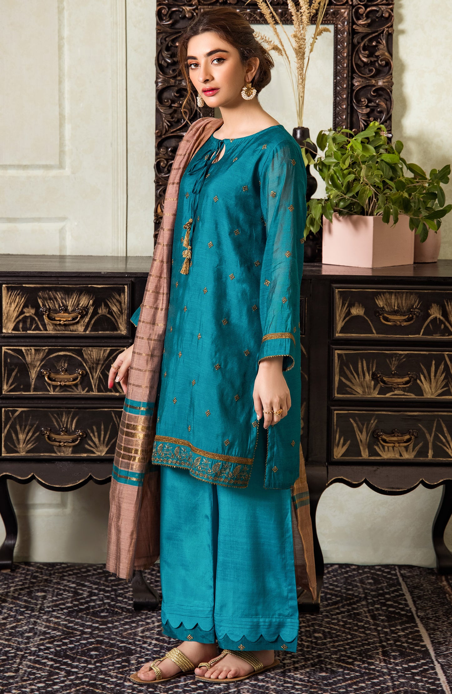 Stitched 3 Piece Embroidered Fancy Paper Cotton Shirt , Raw Silk Pant and Fancy Zari Yarn Dyed Dupatta