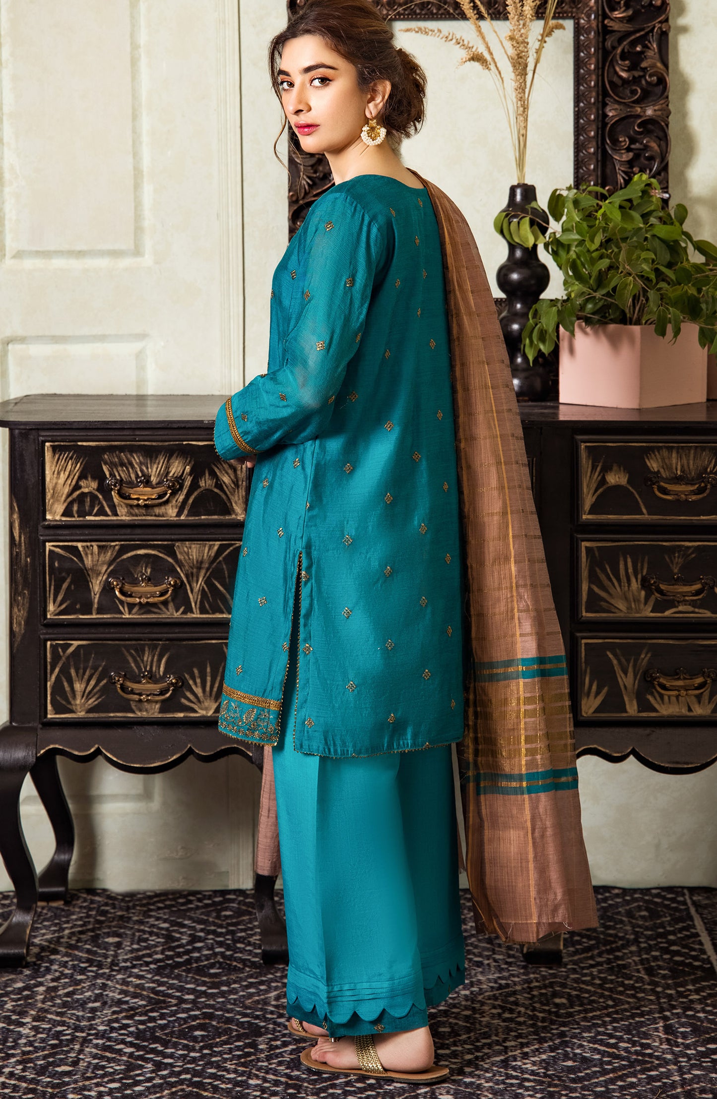 Stitched 3 Piece Embroidered Fancy Paper Cotton Shirt , Raw Silk Pant and Fancy Zari Yarn Dyed Dupatta