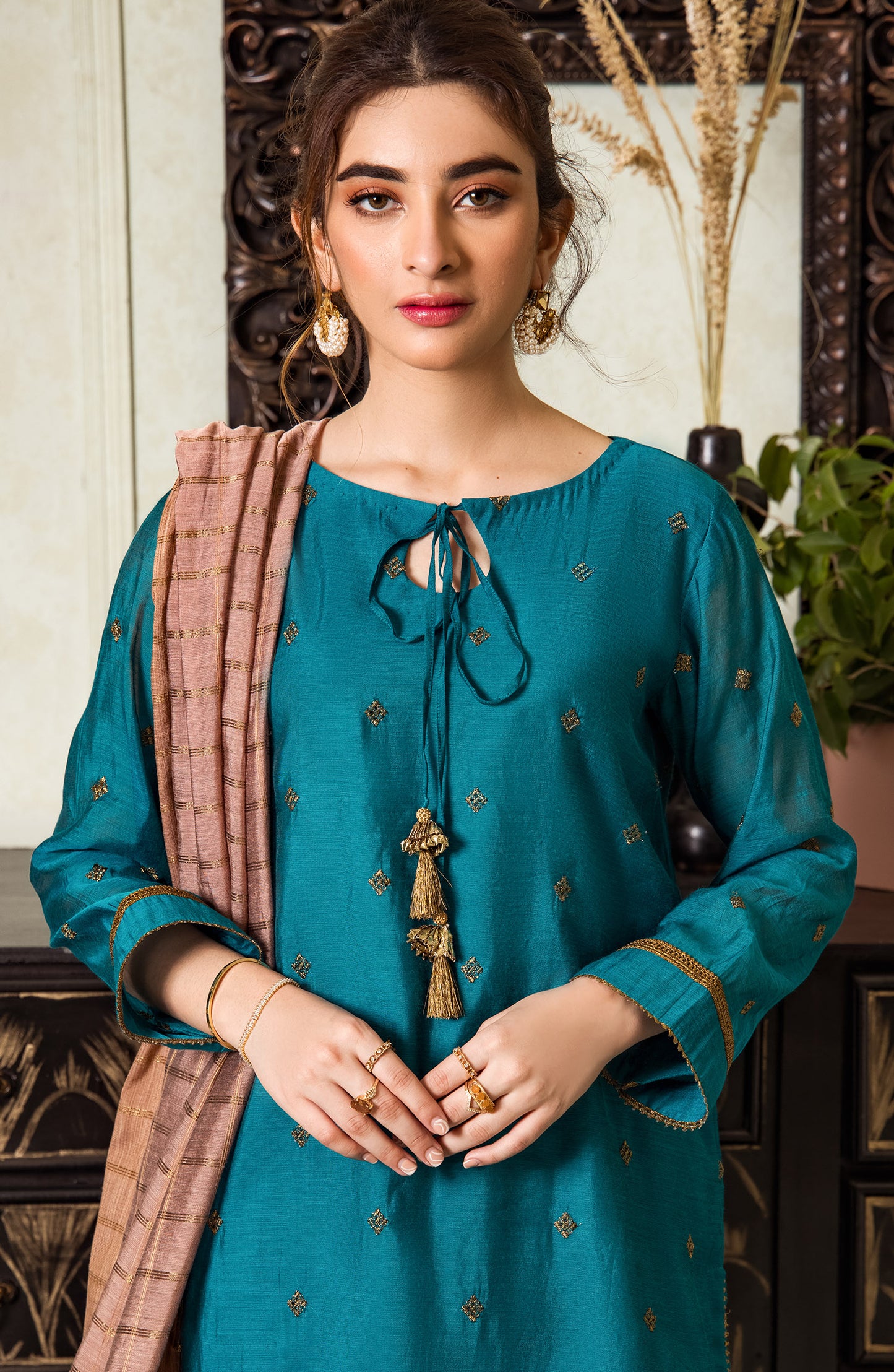 Stitched 3 Piece Embroidered Fancy Paper Cotton Shirt , Raw Silk Pant and Fancy Zari Yarn Dyed Dupatta