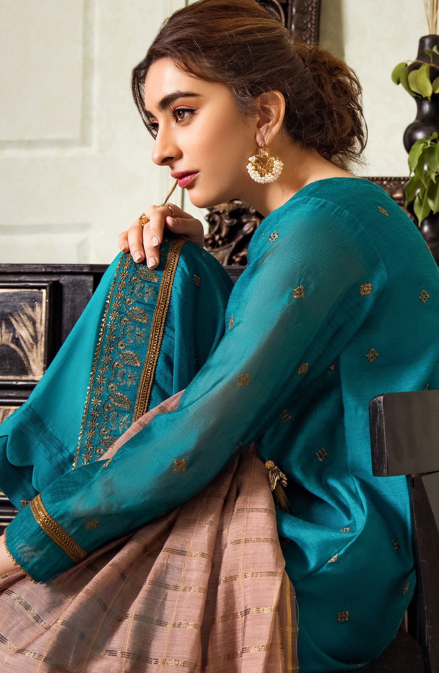 Stitched 3 Piece Embroidered Fancy Paper Cotton Shirt , Raw Silk Pant and Fancy Zari Yarn Dyed Dupatta