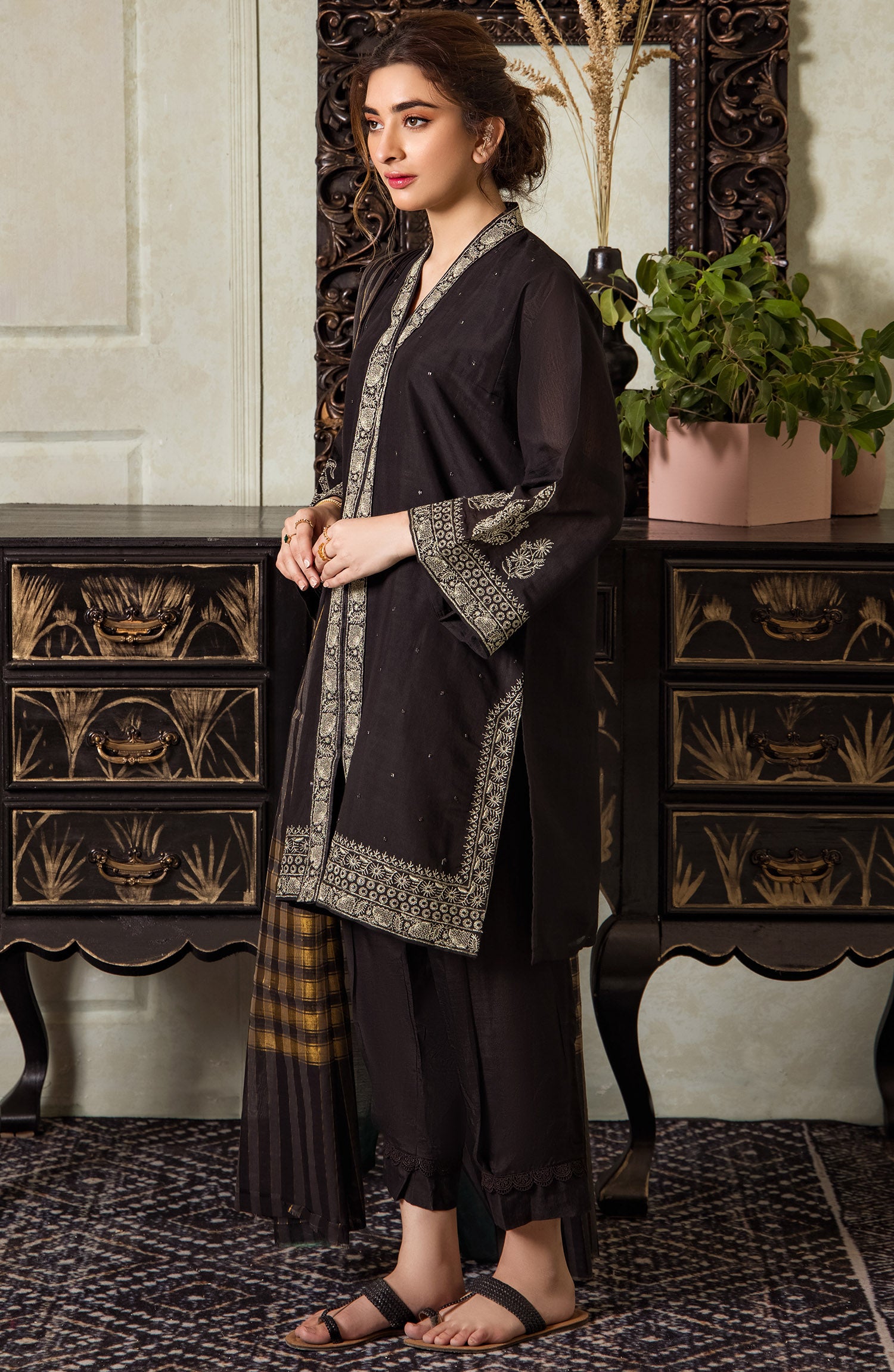 Stitched 3 Piece Embroidered Fancy Paper Cotton Shirt , Raw Silk Pant and Fancy Zari Yarn Dyed Dupatta (NRF-30/S BLACK)