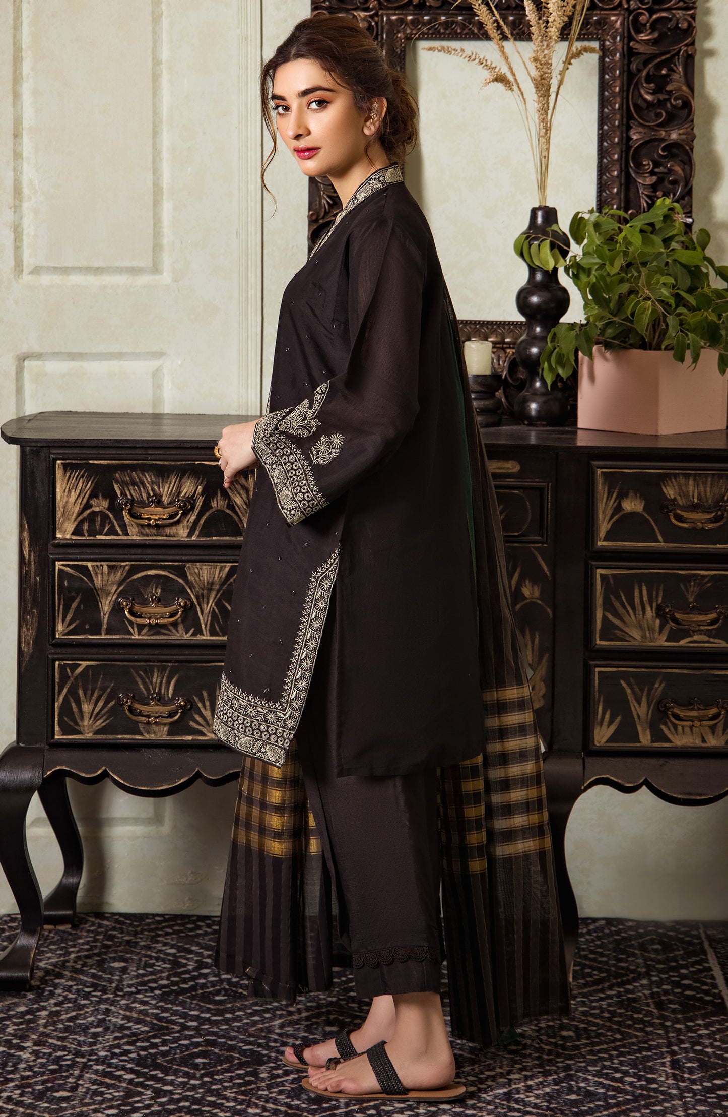 Stitched 3 Piece Embroidered Fancy Paper Cotton Shirt , Raw Silk Pant and Fancy Zari Yarn Dyed Dupatta