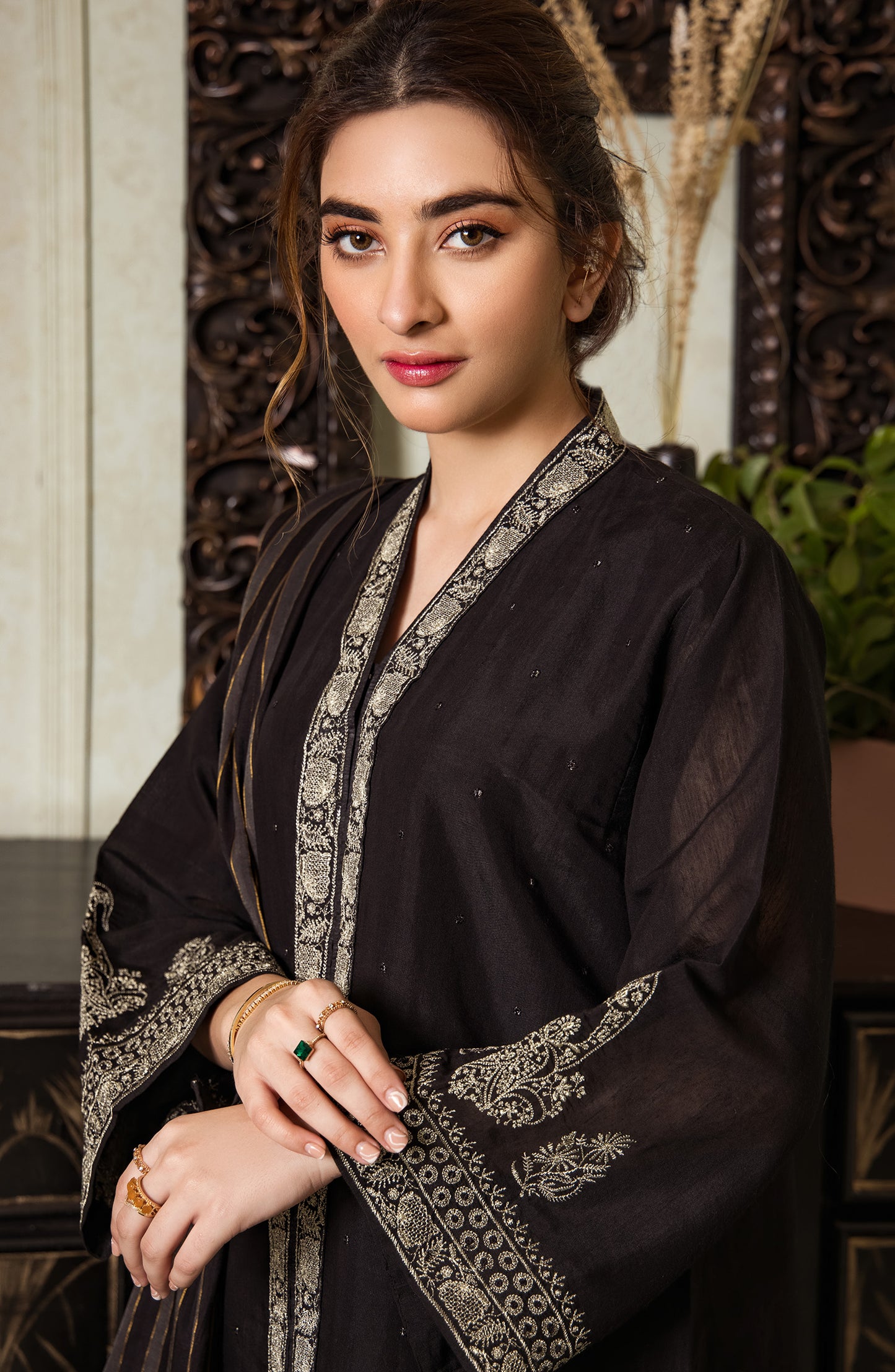 Stitched 3 Piece Embroidered Fancy Paper Cotton Shirt , Raw Silk Pant and Fancy Zari Yarn Dyed Dupatta