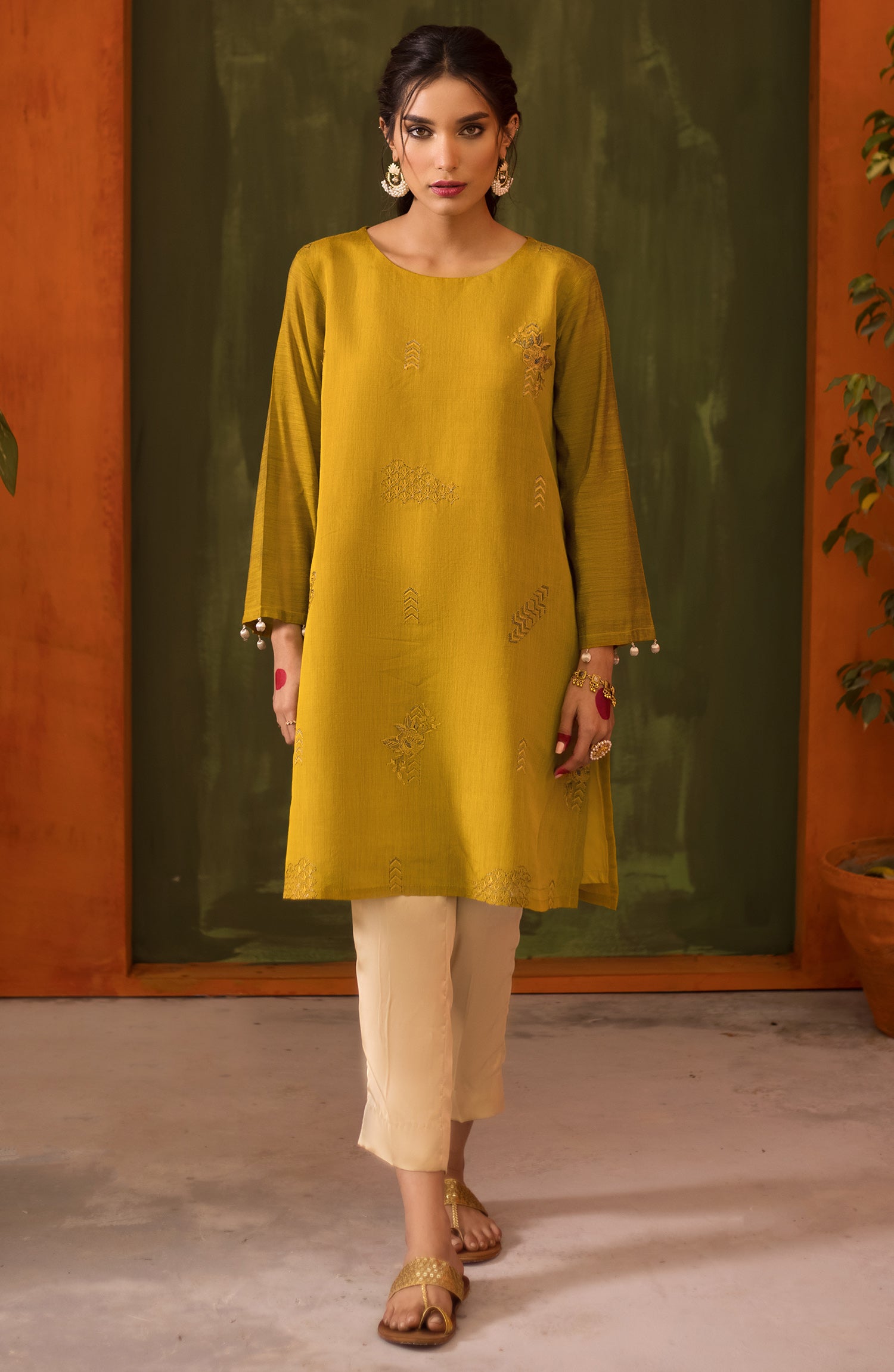 Stitched 1 Piece Embroidered Paper Cotton Shirt (NRHC-109/S MUSTARD)