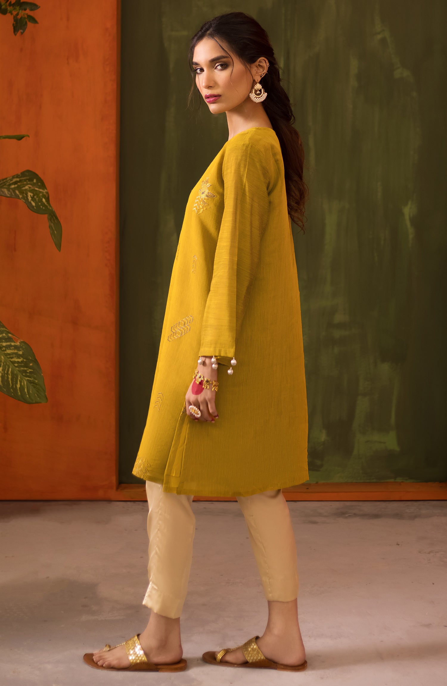 Stitched 1 Piece Embroidered Paper Cotton Shirt (NRHC-109/S MUSTARD)