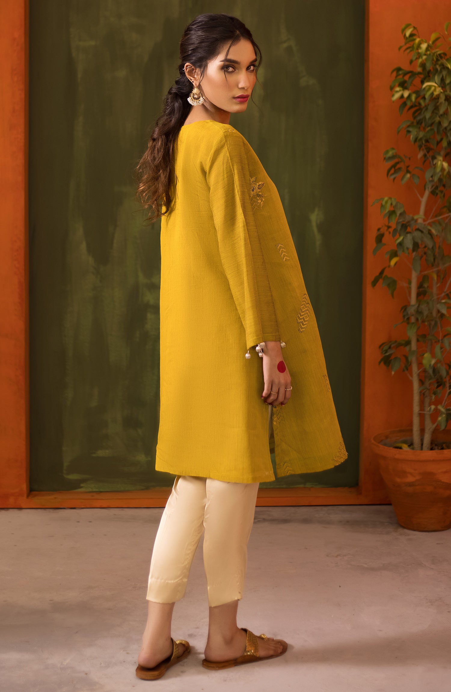 Stitched 1 Piece Embroidered Paper Cotton Shirt (NRHC-109/S MUSTARD)