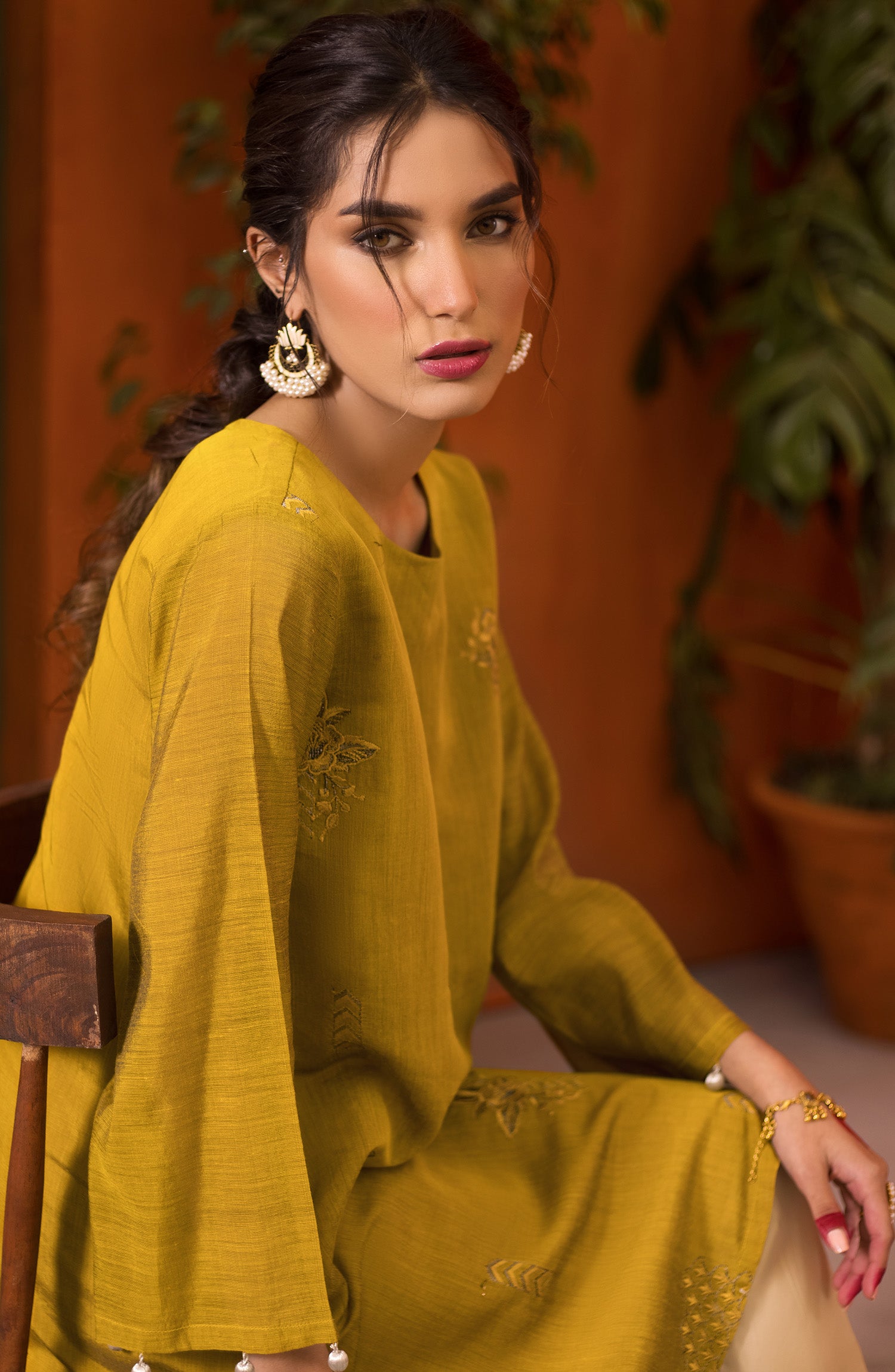 Stitched 1 Piece Embroidered Paper Cotton Shirt (NRHC-109/S MUSTARD)