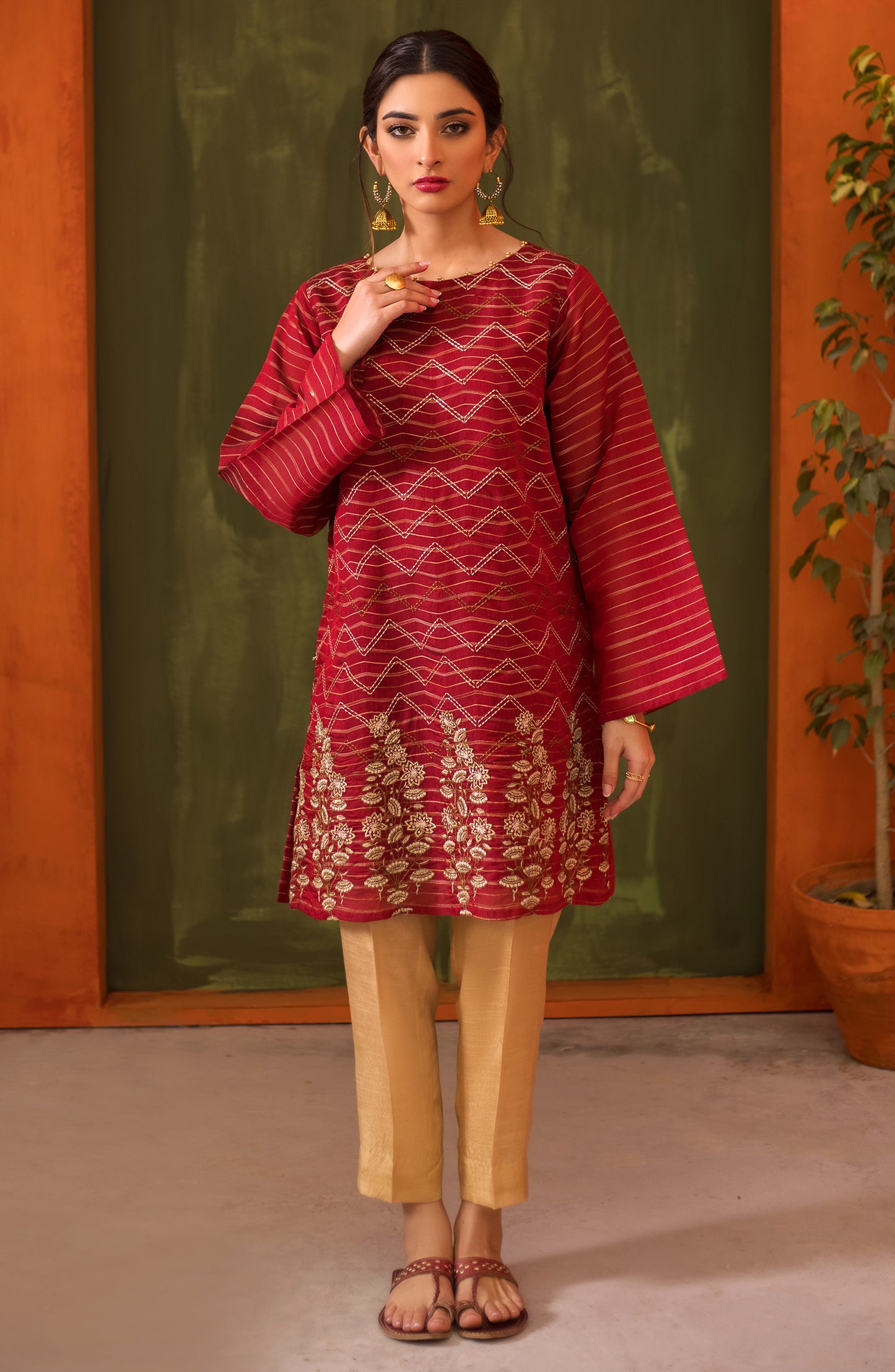 Stitched 1 Piece Embroidered Zari Stripe Paper Cotton Shirt