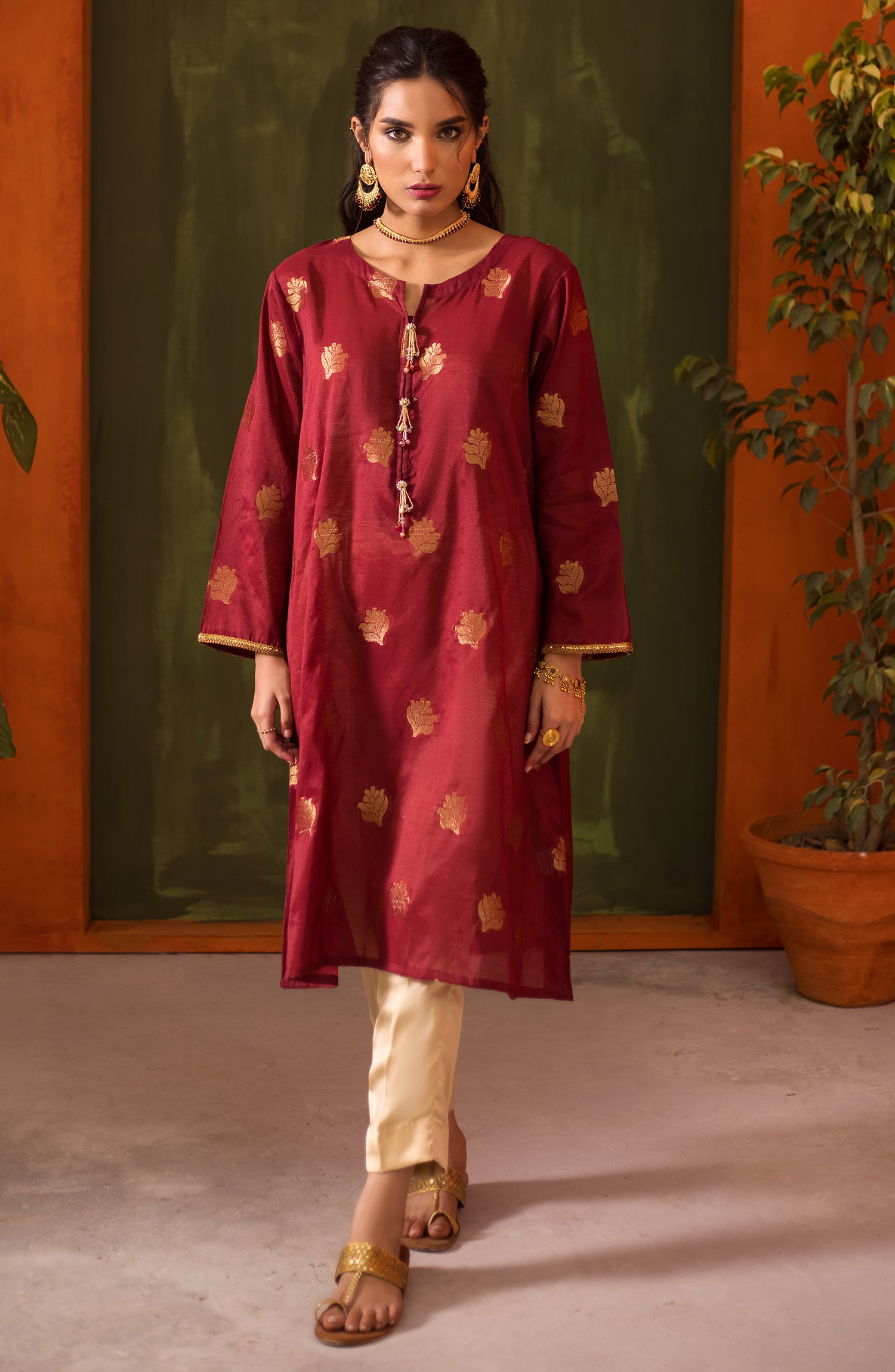 Stitched 1 Piece Embroidered Jacquard Shirt (NRHC-116/S MAROON)