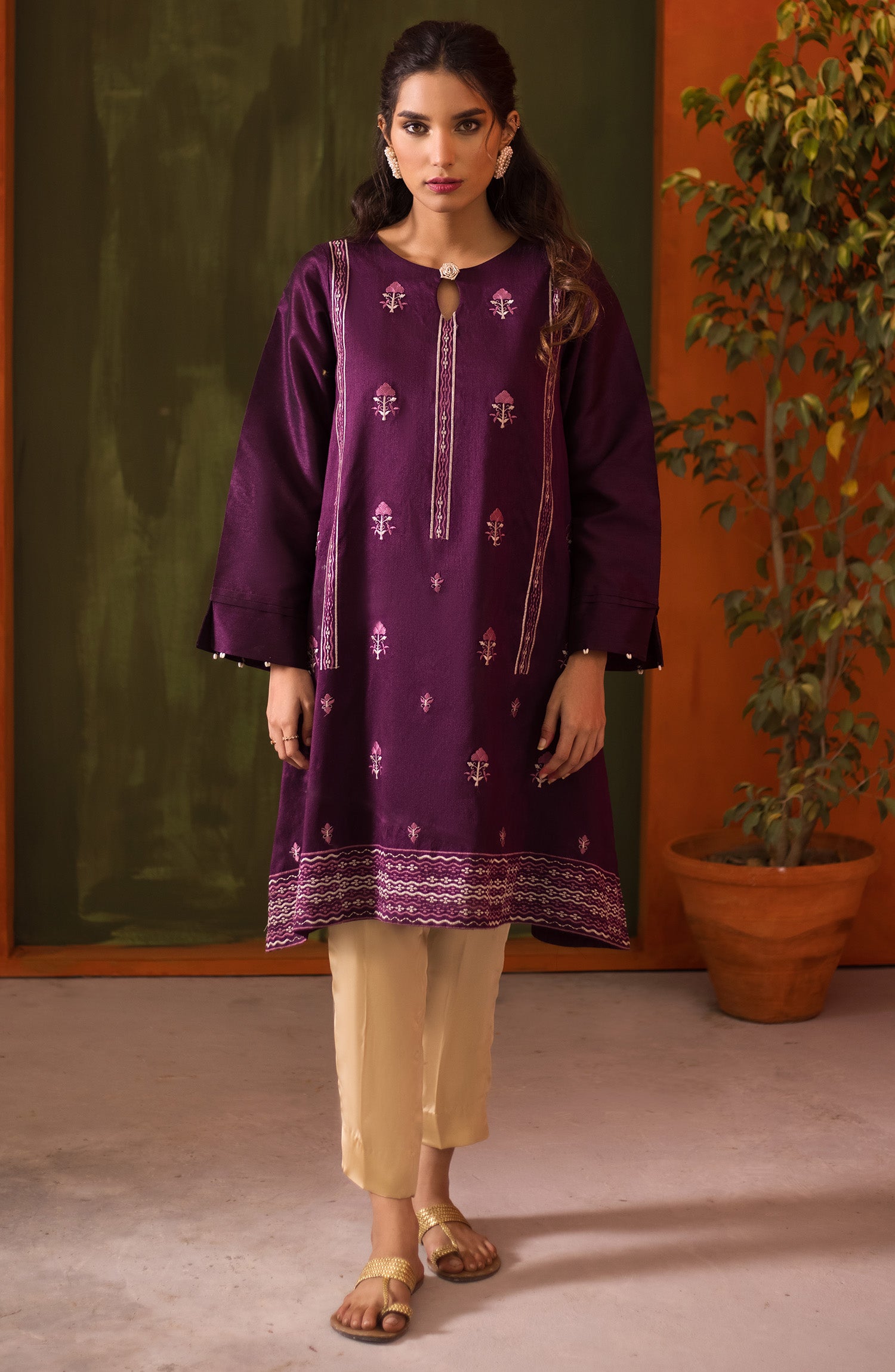 Stitched 1 Piece Embroidered Paper cotton Shirt (NRHC-111/S PURPLE)