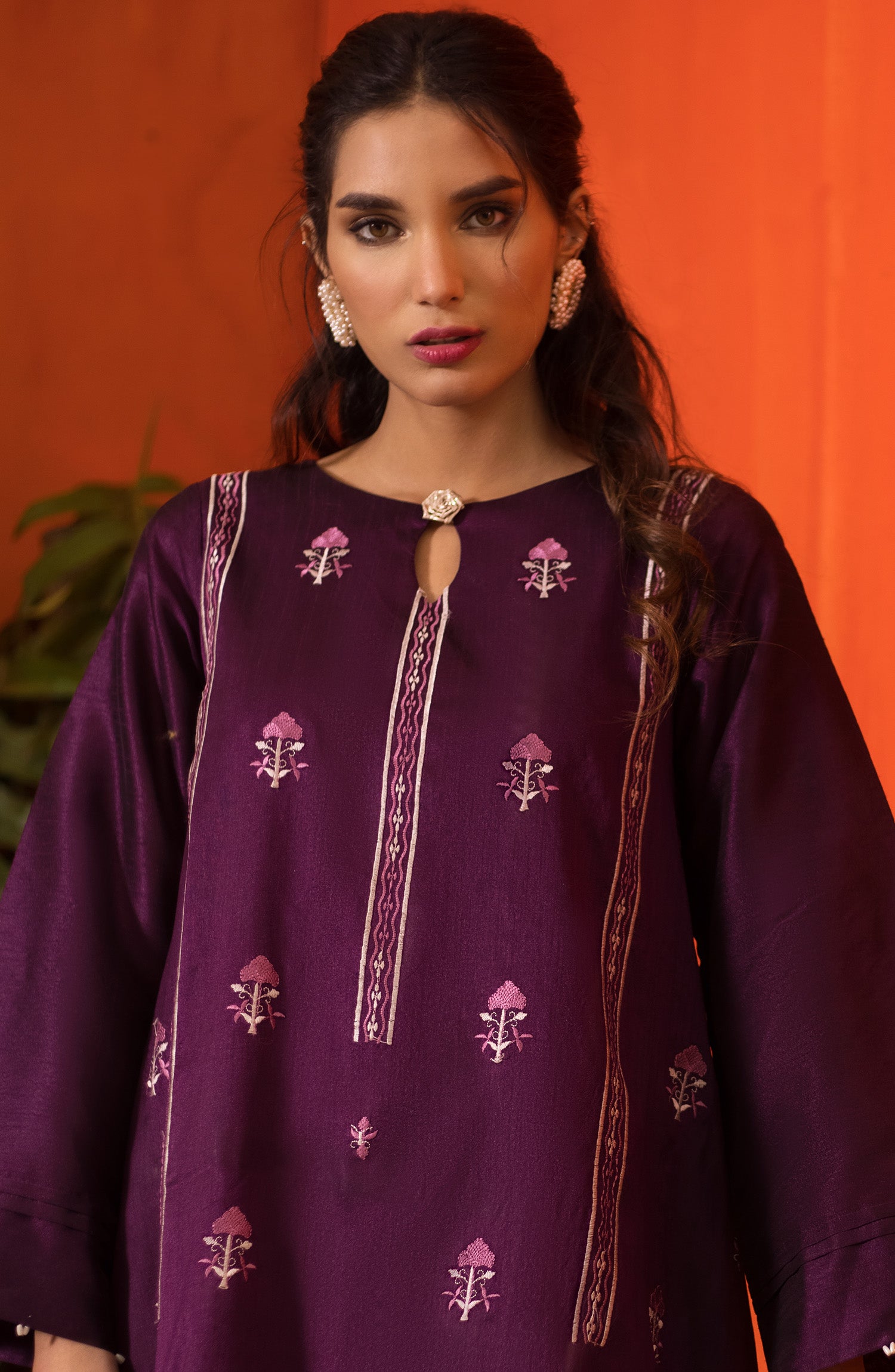 Stitched 1 Piece Embroidered Paper cotton Shirt (NRHC-111/S PURPLE)