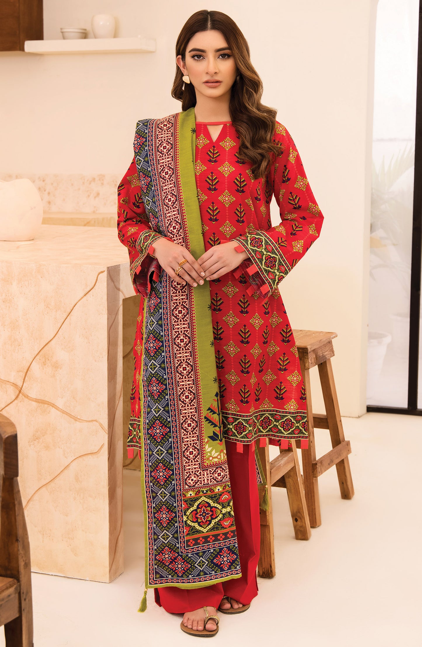 otl-21-311-u-red unstitched 3 Piece printed khaddar Shirt, Pant and Khaddar Shawl Dupatta 