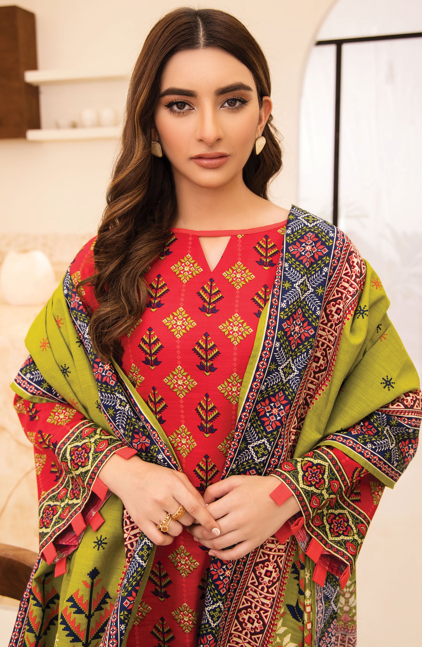 otl-21-311-u-red unstitched 3 Piece printed khaddar Shirt, Pant and Khaddar Shawl Dupatta 