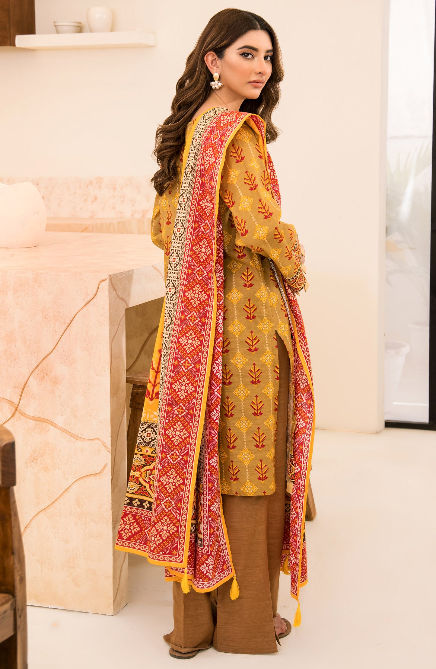 Stitched 3 Piece Printed Khaddar Shirt , Khaddar Pant and Khaddar Dupatta