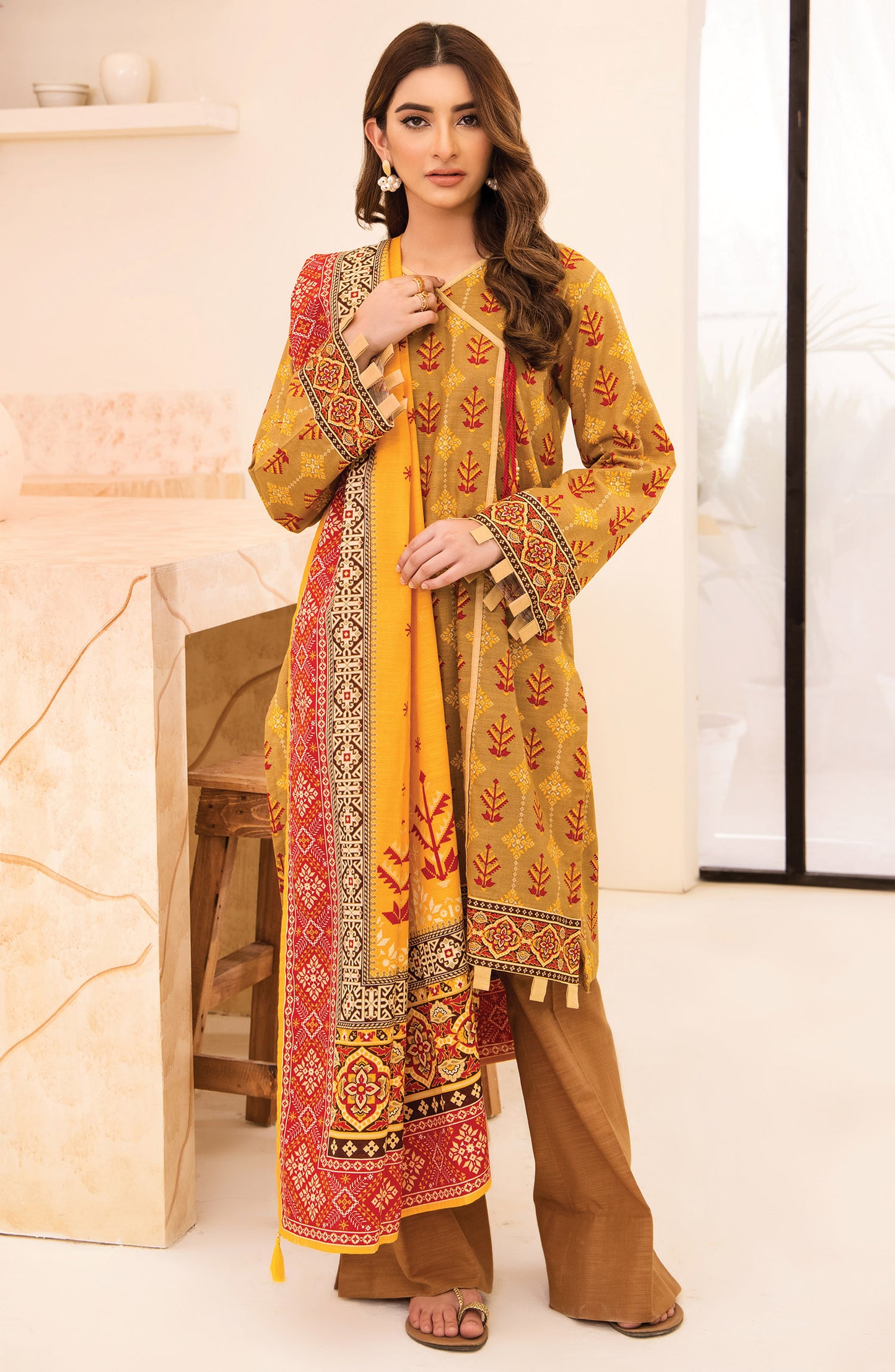 Stitched 3 Piece Printed Khaddar Shirt , Khaddar Pant and Khaddar Dupatta