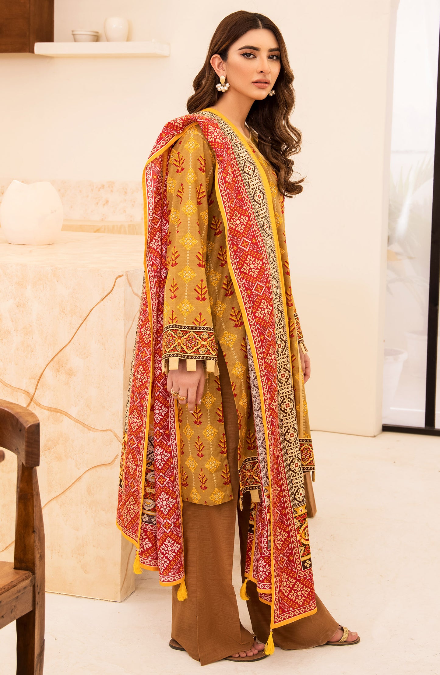 Stitched 3 Piece Printed Khaddar Shirt , Khaddar Pant and Khaddar Dupatta