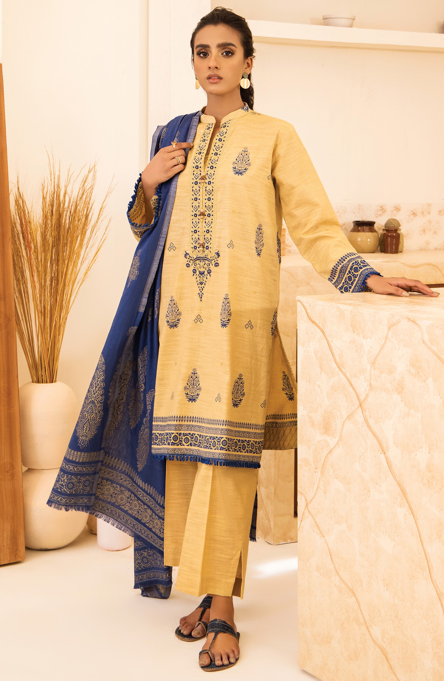 otl-21-290-u-beige unstitched 3 Piece winter Embroidered Khaddar Shirt , Pant and Khaddar Dupatta
