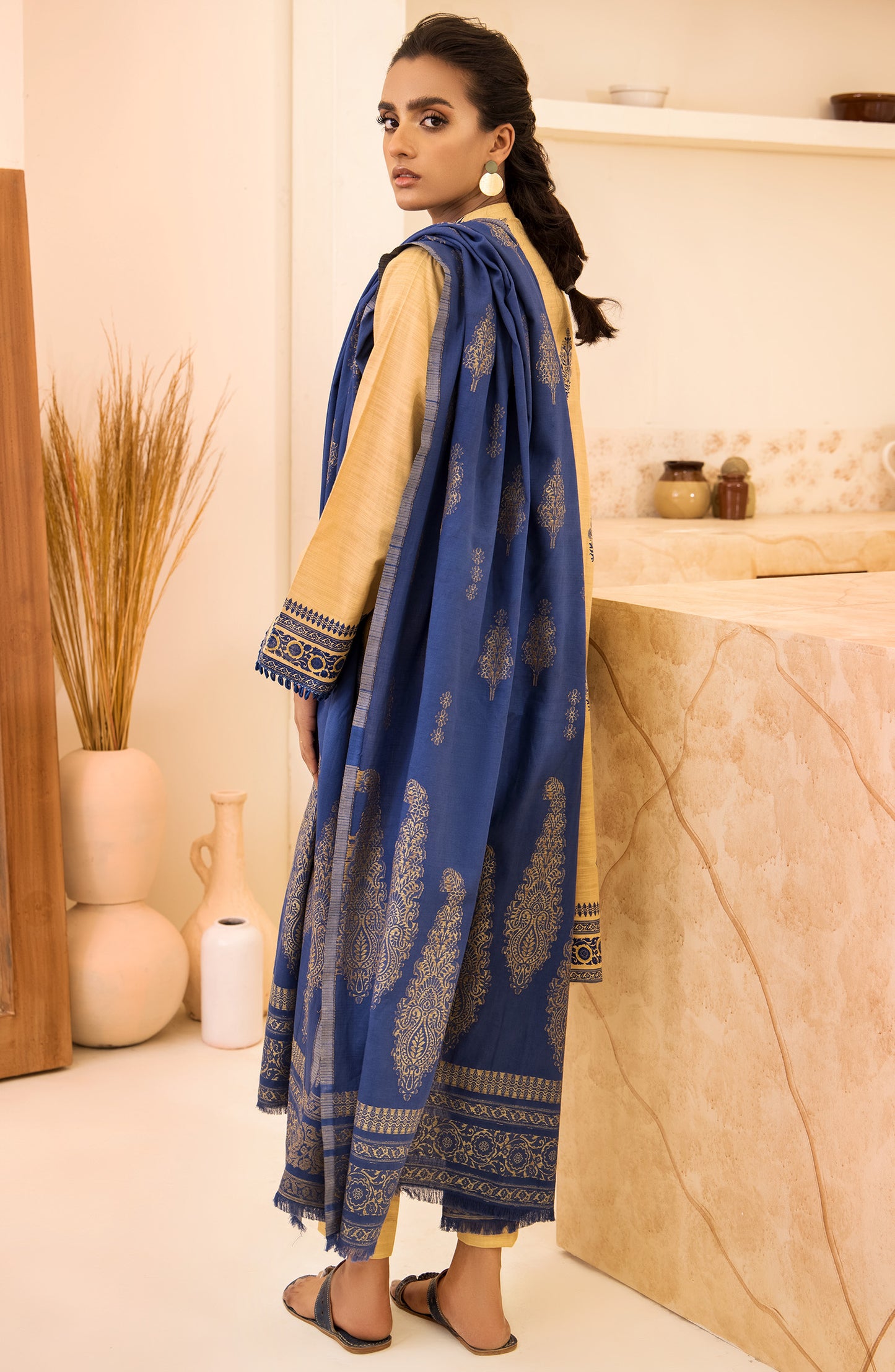 otl-21-290-u-beige unstitched 3 Piece winter Embroidered Khaddar Shirt , Pant and Khaddar Dupatta