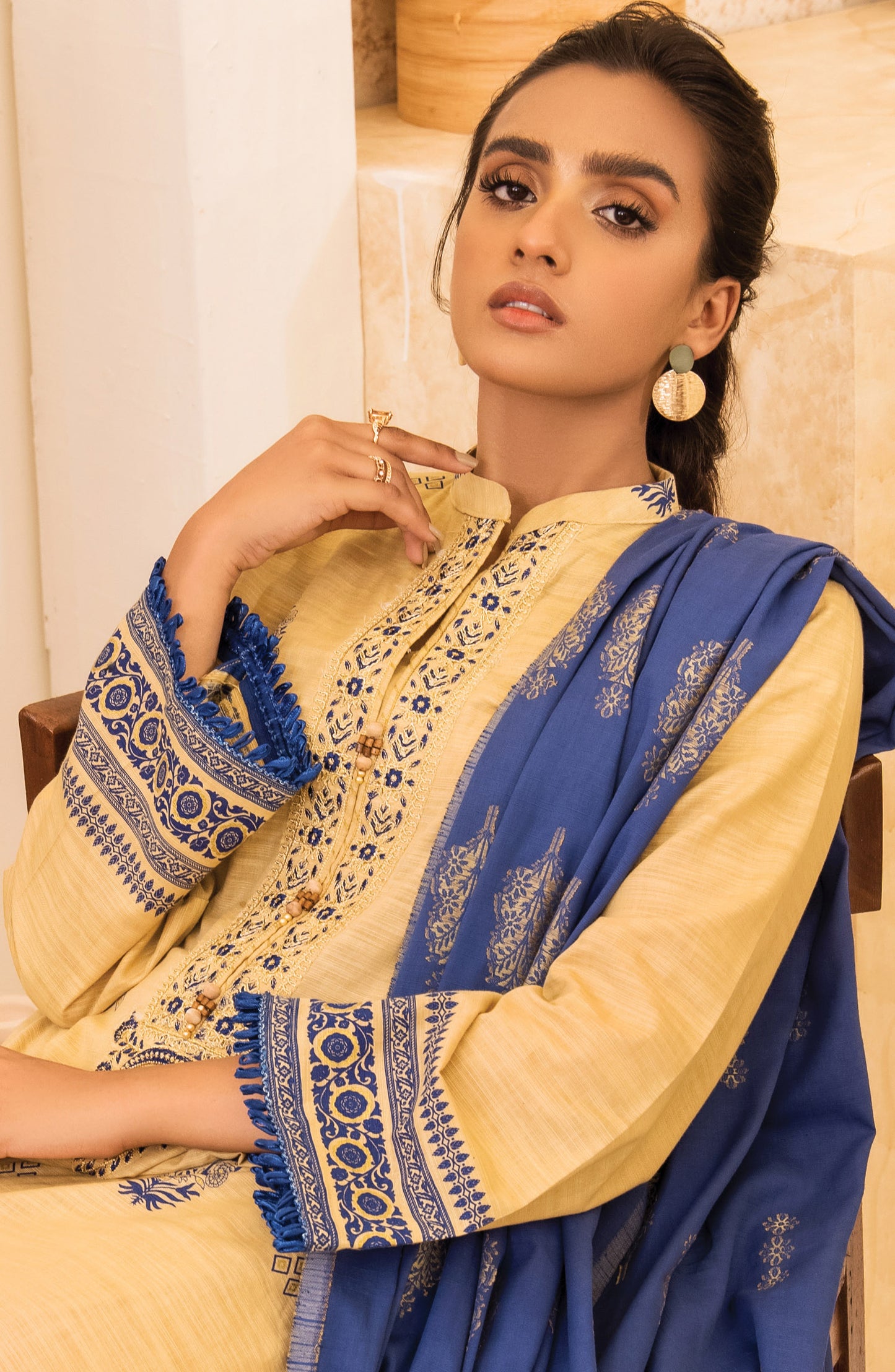 otl-21-290-u-beige unstitched 3 Piece winter Embroidered Khaddar Shirt , Pant and Khaddar Dupatta 