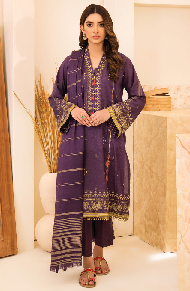 Unstitched 3 Piece Embroidered Karandi Shirt, Pant and Karandi Zari Shawl Dupatta