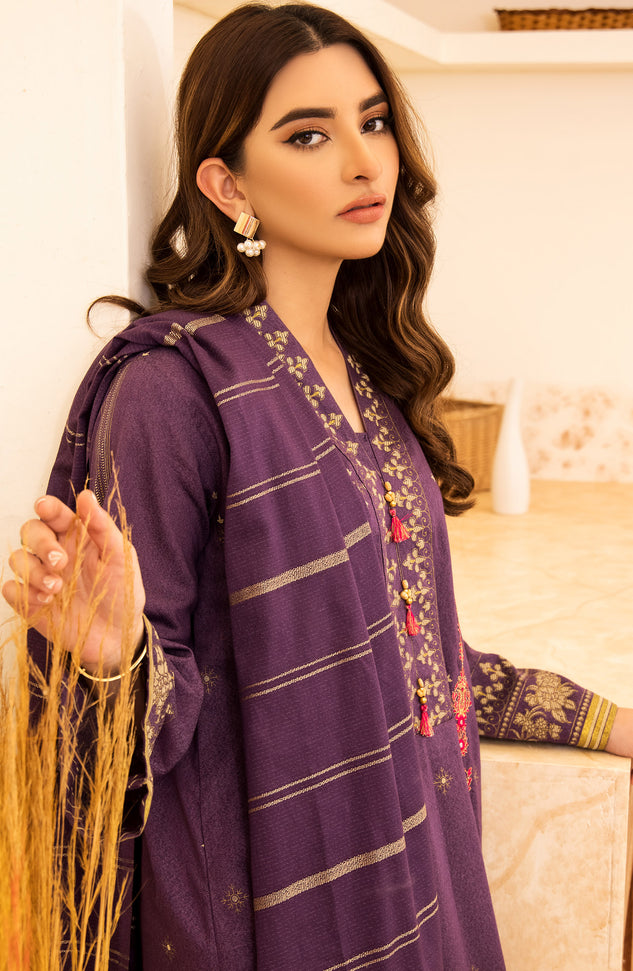 Unstitched 3 Piece Embroidered Karandi Shirt, Pant and Karandi Zari Shawl Dupatta
