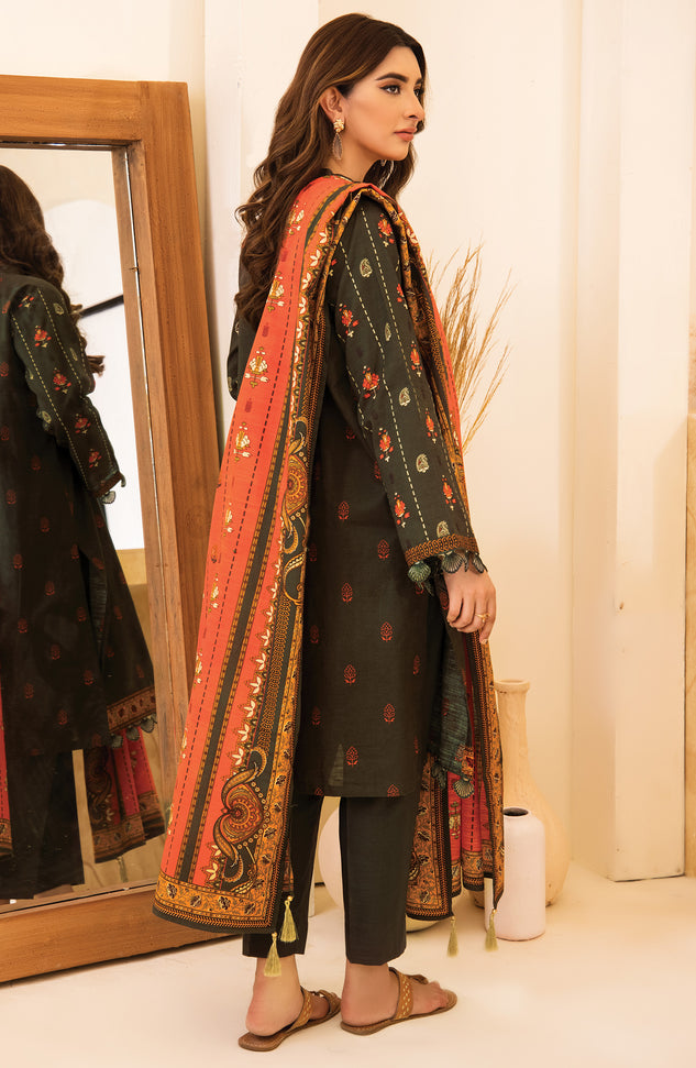 otl-21-283-u-green unstitched 3 Piece Embroidered Khaddar Shirt ,Pant and Khaddar Dupatta 