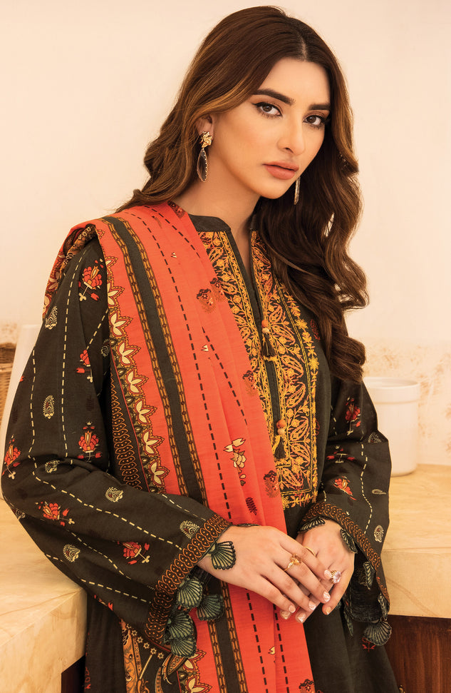 otl-21-283-u-green unstitched 3 Piece Embroidered Khaddar Shirt ,Pant and Khaddar Dupatta 