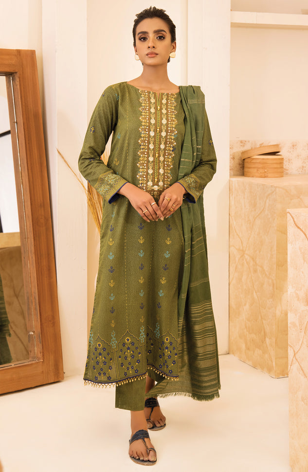 Unstitched 3 Piece Embroidered Karandi Shirt, Pant and Karandi Zari Shawl Dupatta