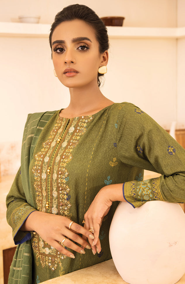 Unstitched 3 Piece Embroidered Karandi Shirt, Pant and Karandi Zari Shawl Dupatta