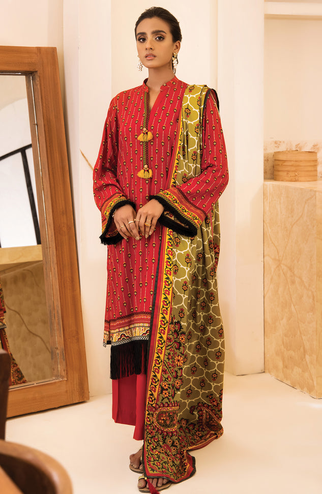 Unstitched 3 Piece Printed Linen Shirt , Pant and Linen Shawl Dupatta