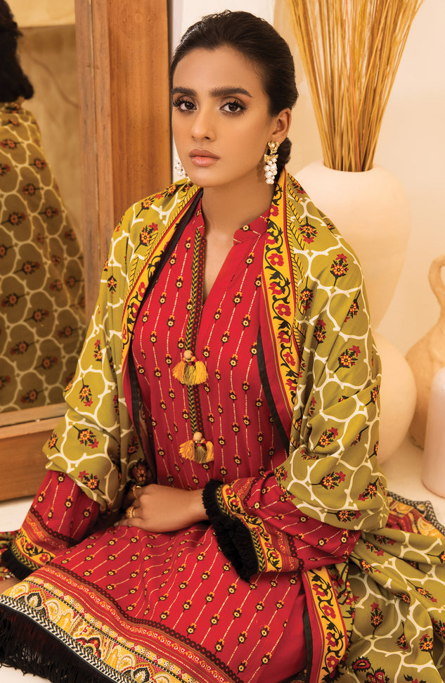 Unstitched 3 Piece Printed Linen Shirt , Pant and Linen Shawl Dupatta