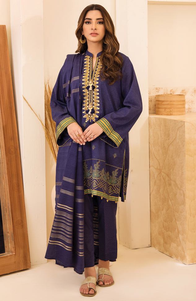 Unstitched 3 Piece Embroidered Karandi Shirt, Pant and Karandi Zari Shawl Dupatta