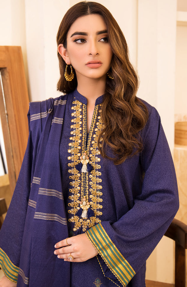 Unstitched 3 Piece Embroidered Karandi Shirt, Pant and Karandi Zari Shawl Dupatta