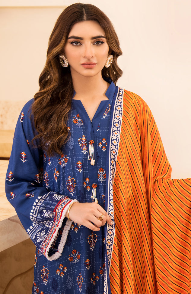 Unstitched 3 Piece Printed Linen Shirt , Pant and Linen Shawl Dupatta