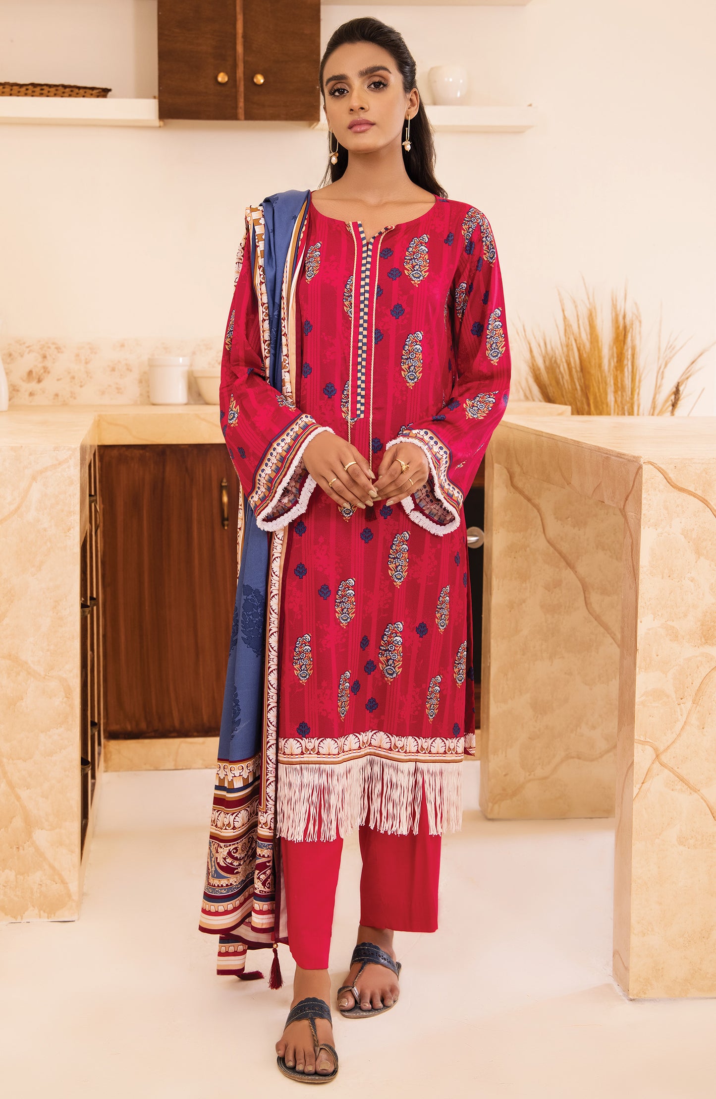Unstitched 3 Piece Printed Linen Shirt , Pant and Linen Shawl Dupatta