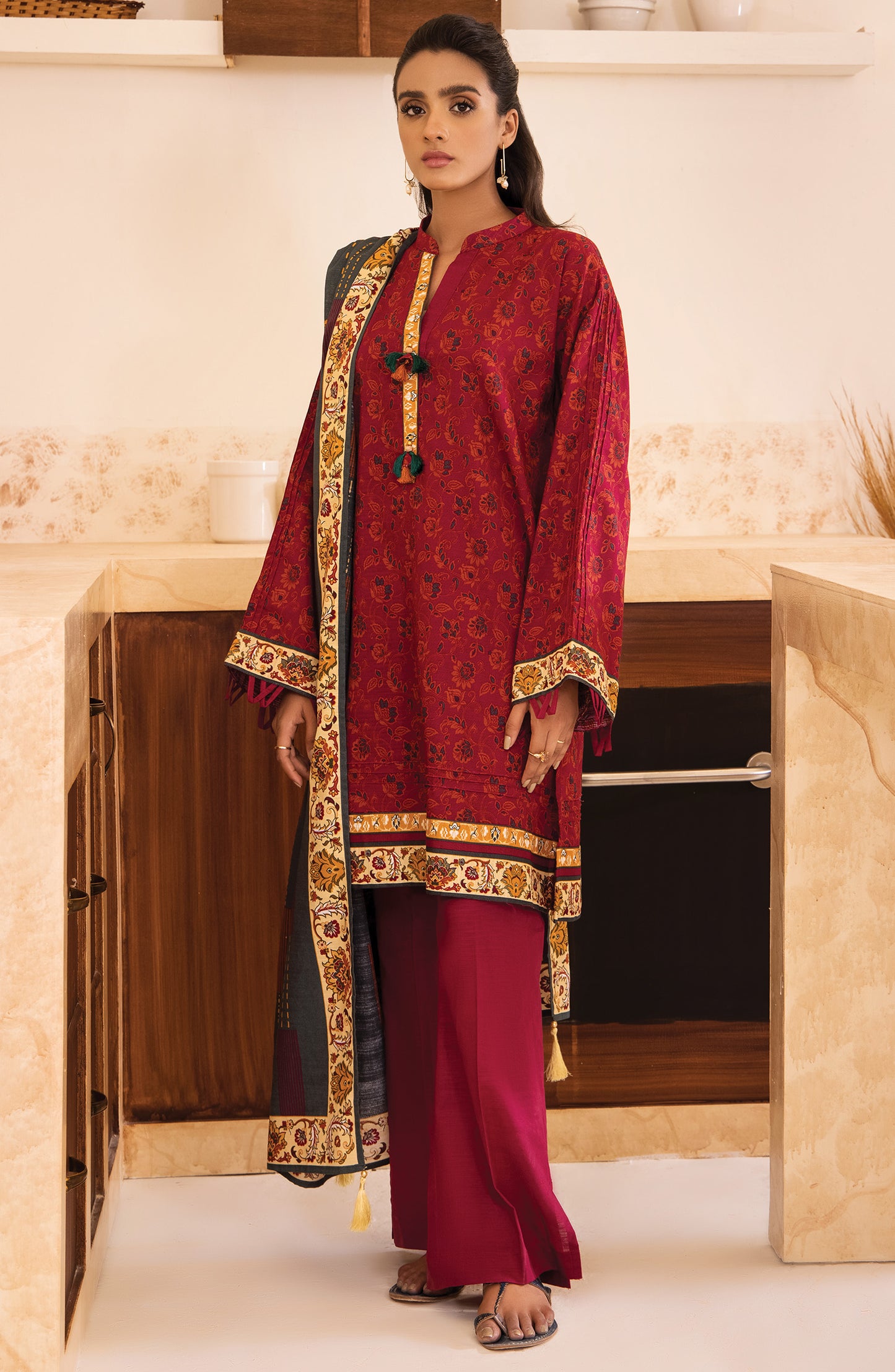 Stitched 3 Piece Printed Khaddar Shirt , Khaddar Pant and Khaddar Dupatta
