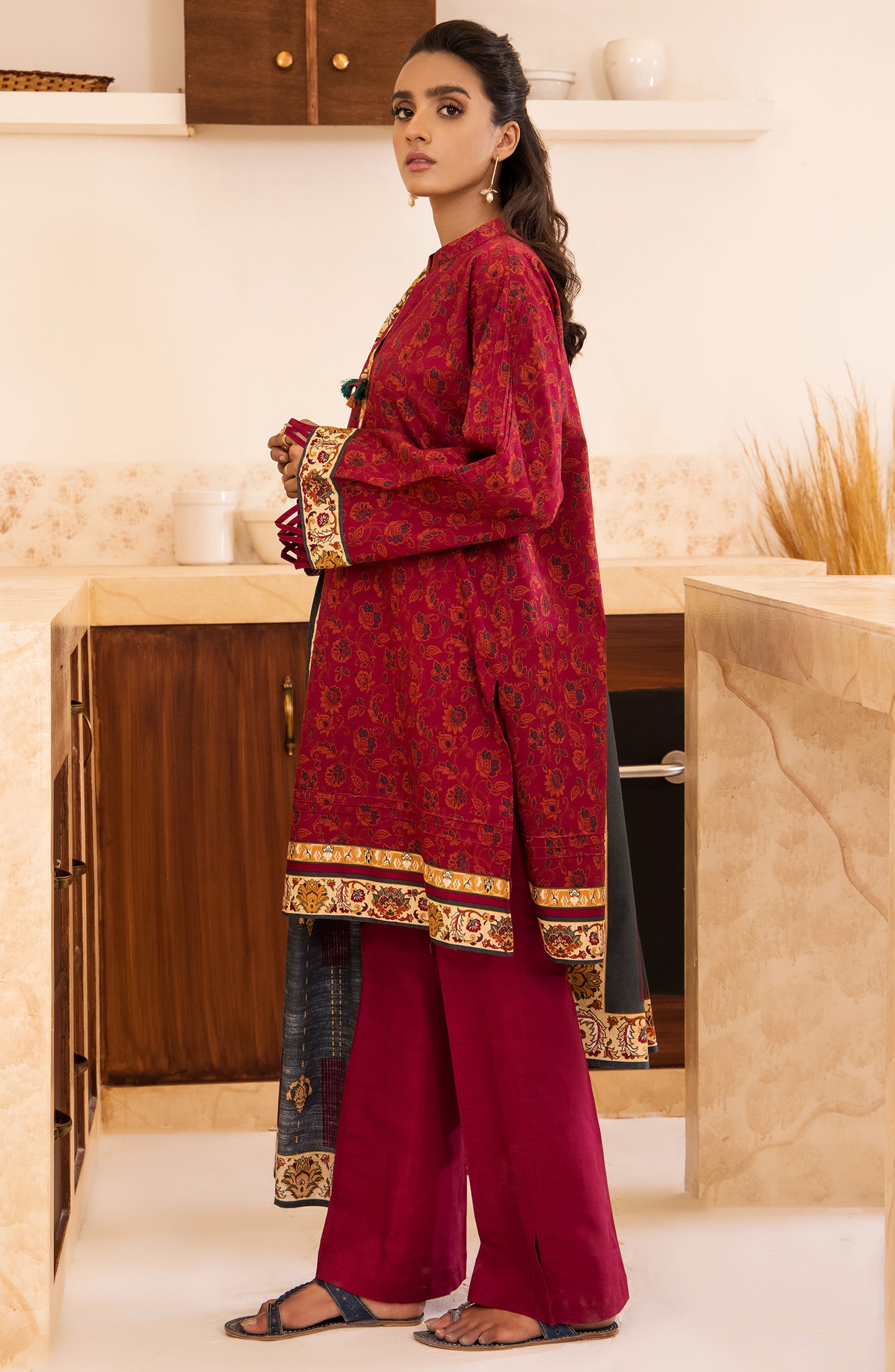 Stitched 3 Piece Printed Khaddar Shirt , Khaddar Pant and Khaddar Dupatta