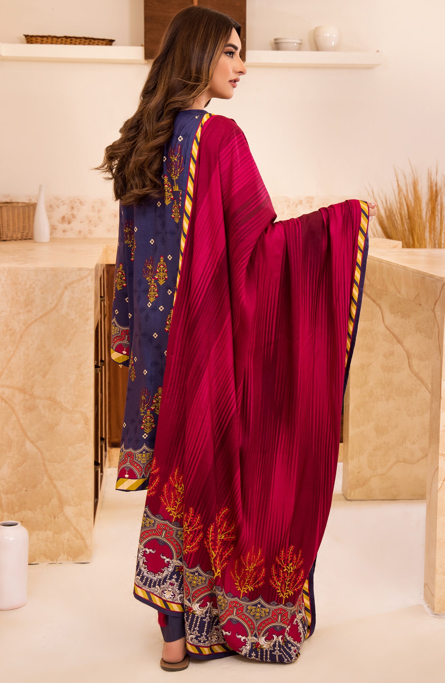 Unstitched 3 Piece Printed Linen Shirt , Pant and Linen Shawl Dupatta