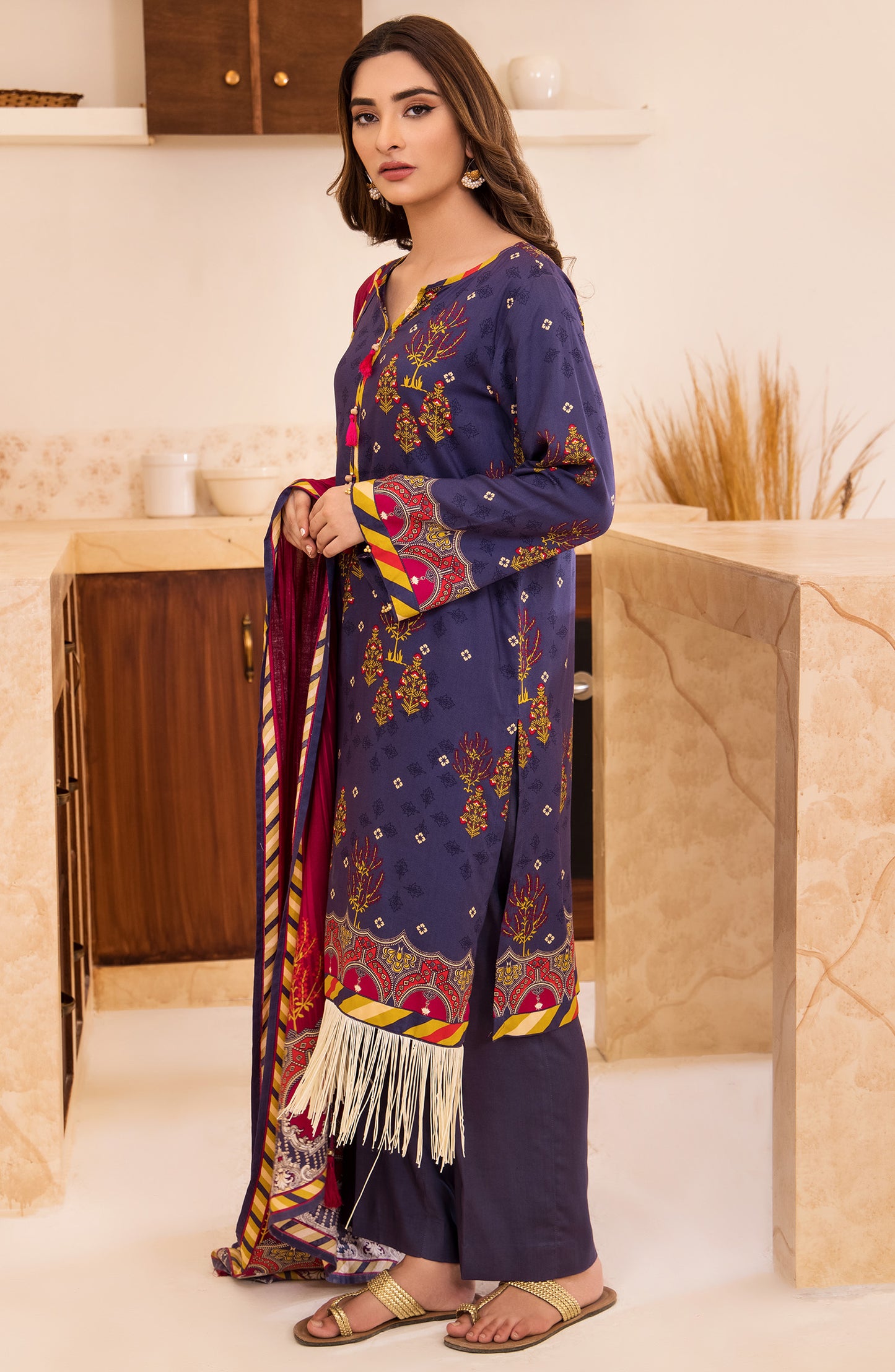 Unstitched 3 Piece Printed Linen Shirt , Pant and Linen Shawl Dupatta