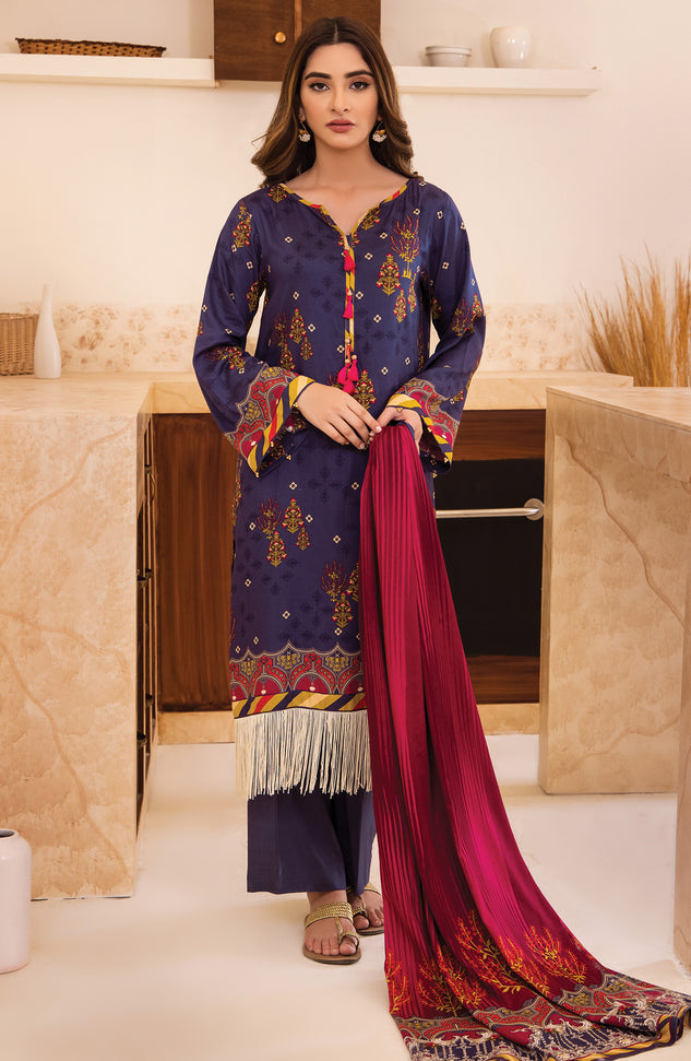 Unstitched 3 Piece Printed Linen Shirt , Pant and Linen Shawl Dupatta