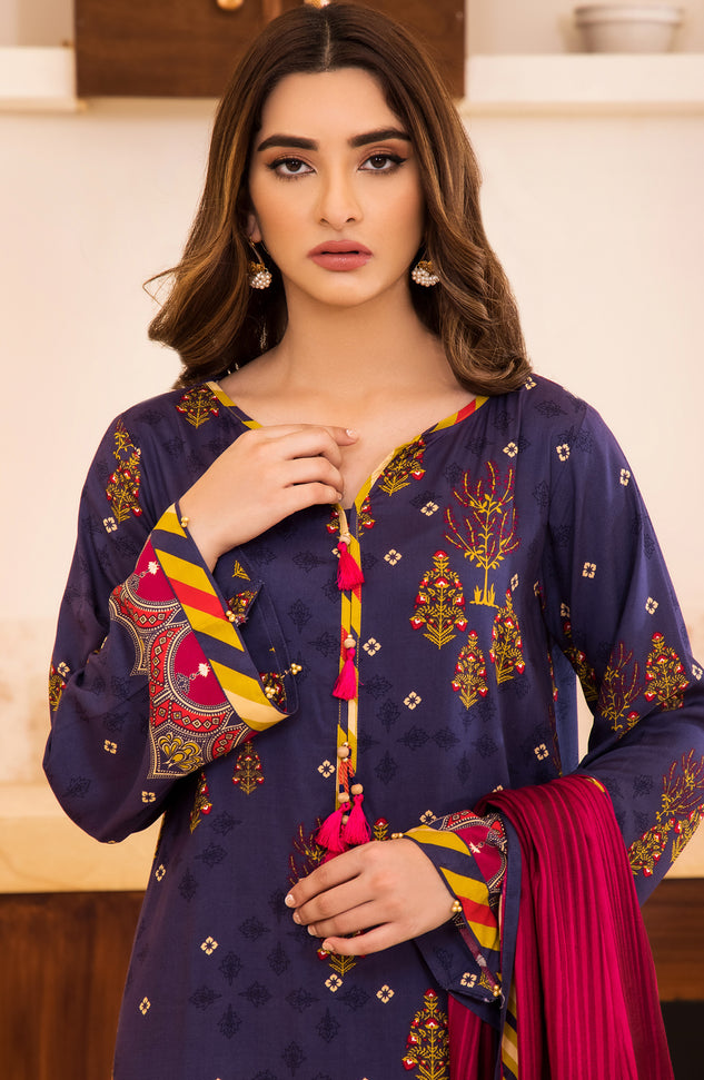 Unstitched 3 Piece Printed Linen Shirt , Pant and Linen Shawl Dupatta