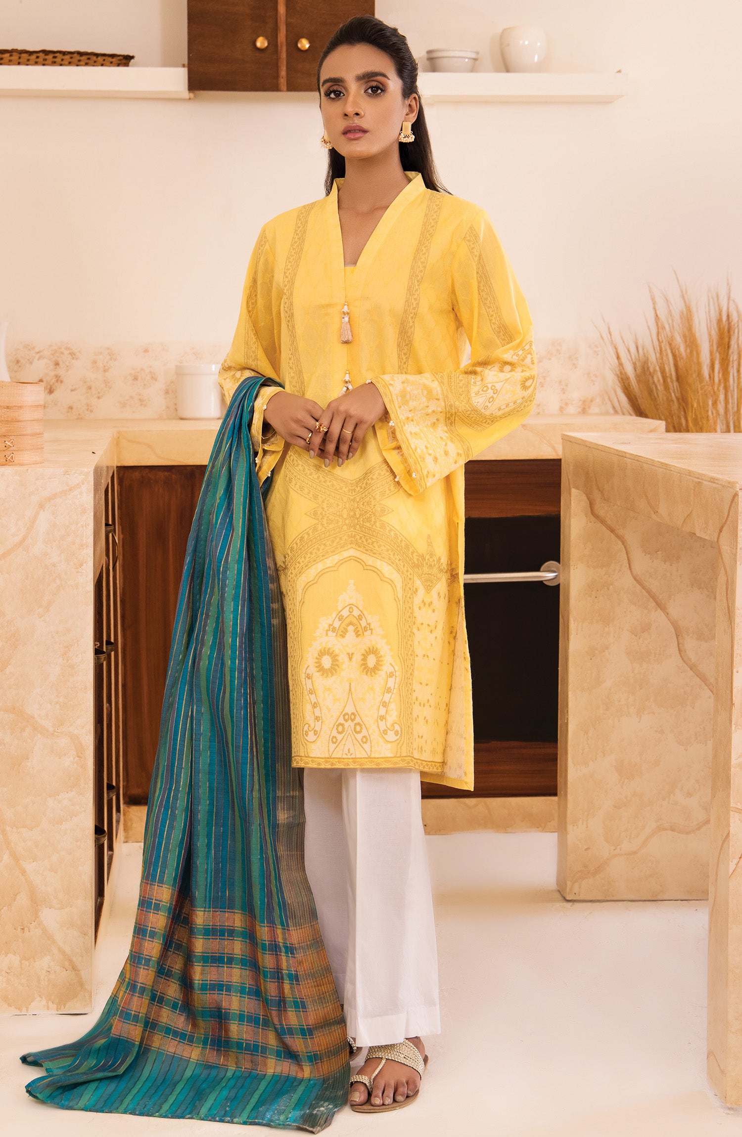Unstitched 2 Piece Printed Winter Jacquard Shirt and Fancy Dupatta (OTL-21-149/U YELLOW)