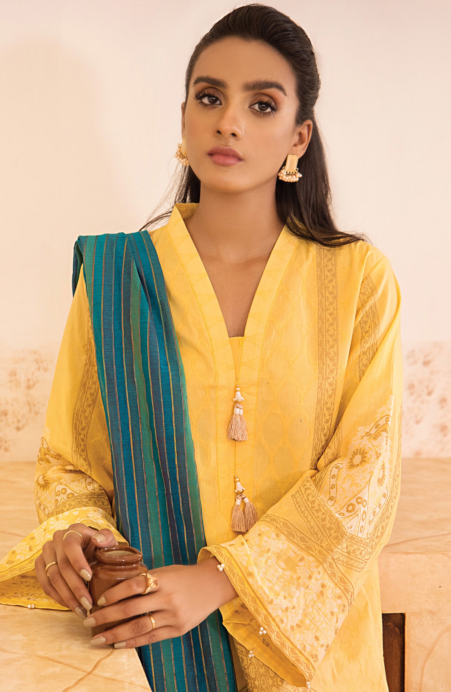 otl-21-149-u-yellow Unstiched Winter Jacquard Shirt and Fancy Dupatta 
