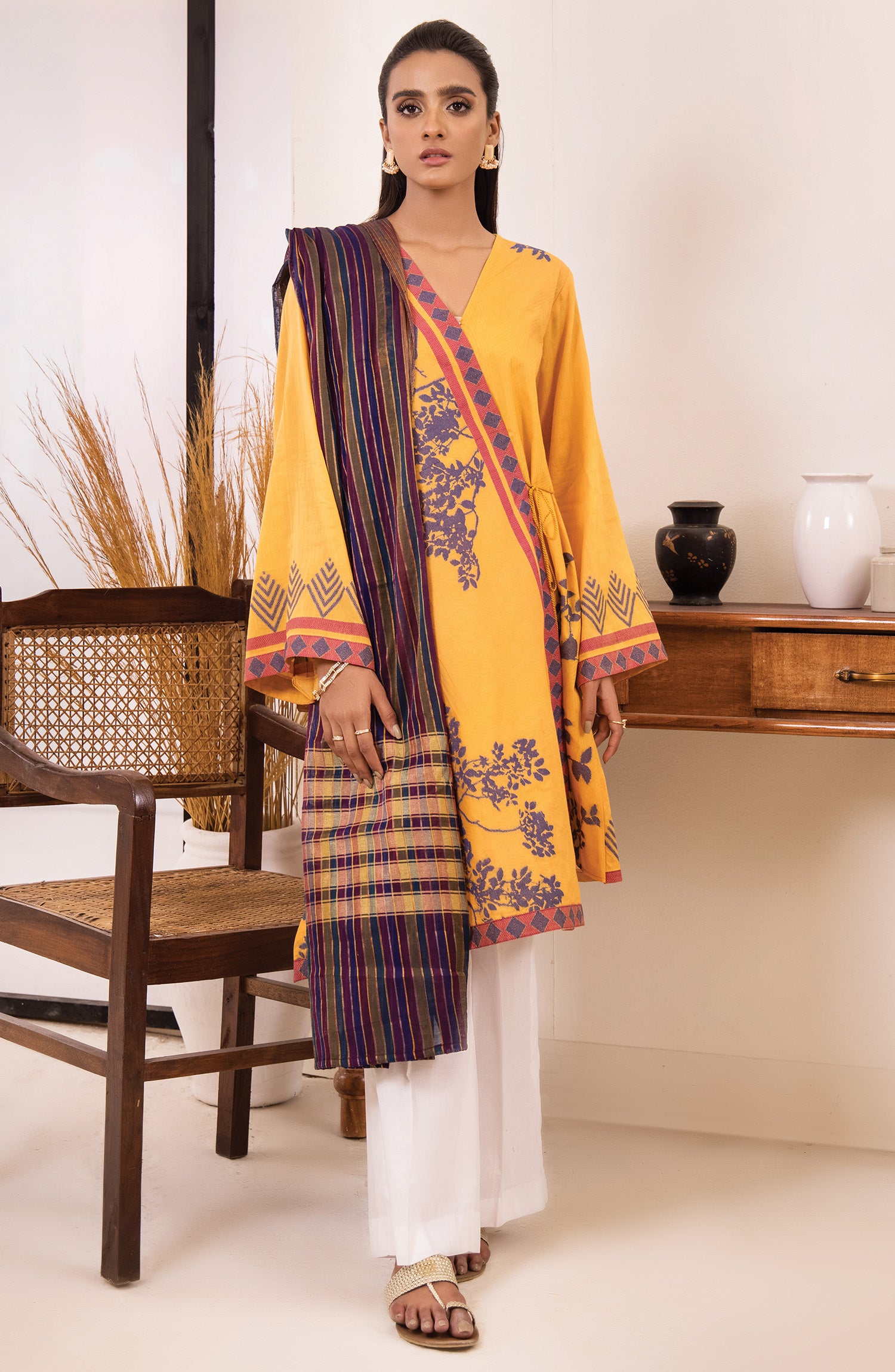 otl-21-158-u-yellow unstitched 2 Piece Printed winter Jacquard Shirt and Fancy dupatta 